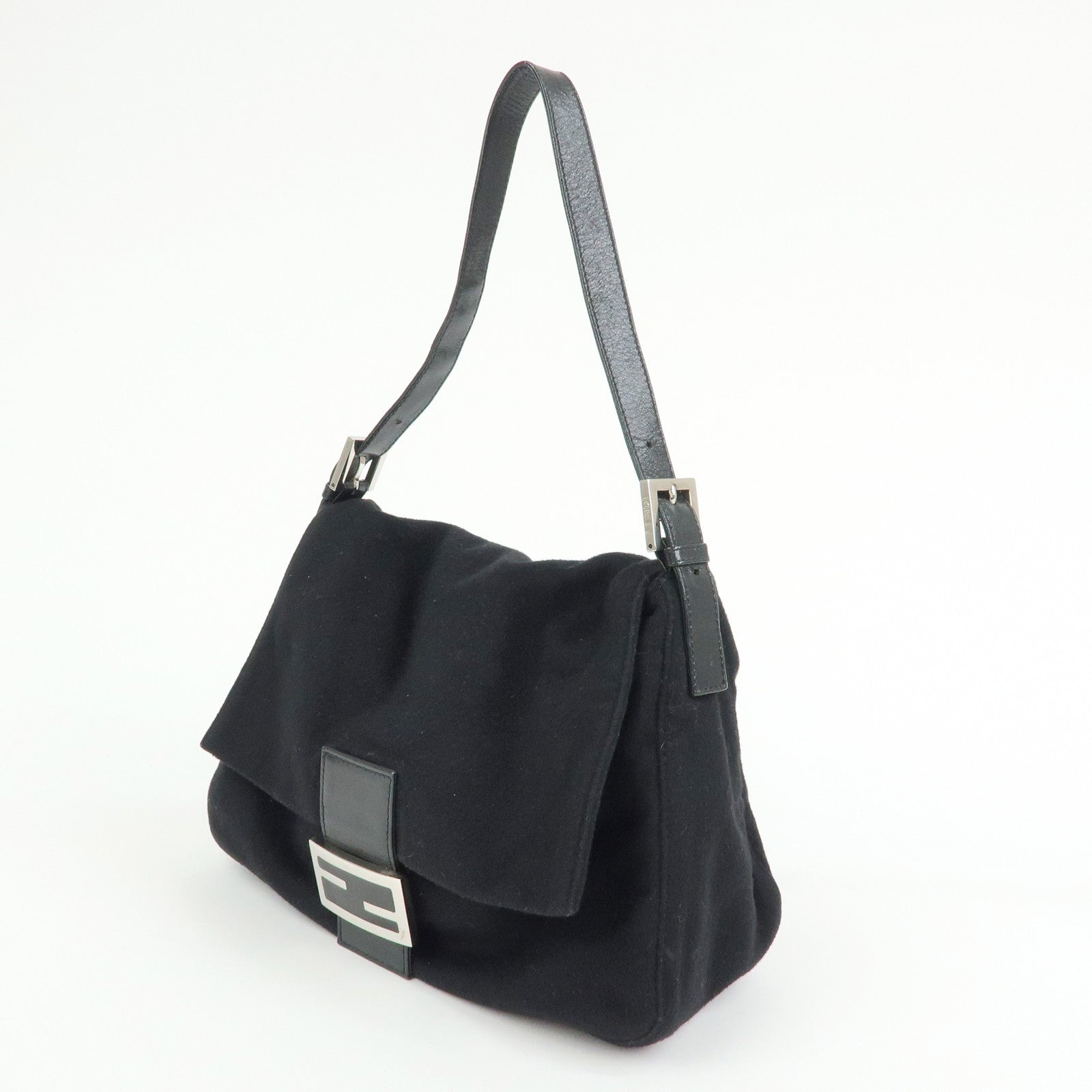 FENDI Mamma Baguette Wool Leather Shoulder Bag Hand Bag Black 26325