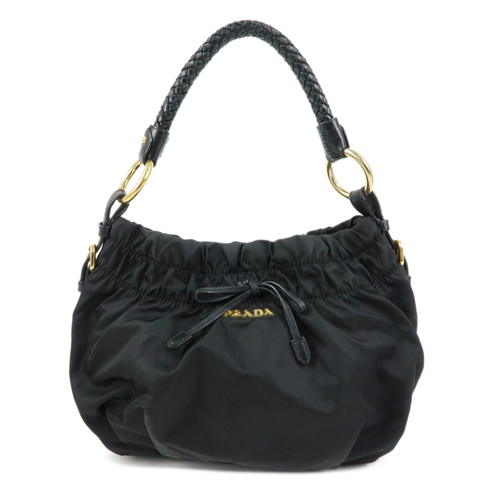 PRADA Ribbon Nylon Leather Shoulder Bag Hand Bag Black BR4237