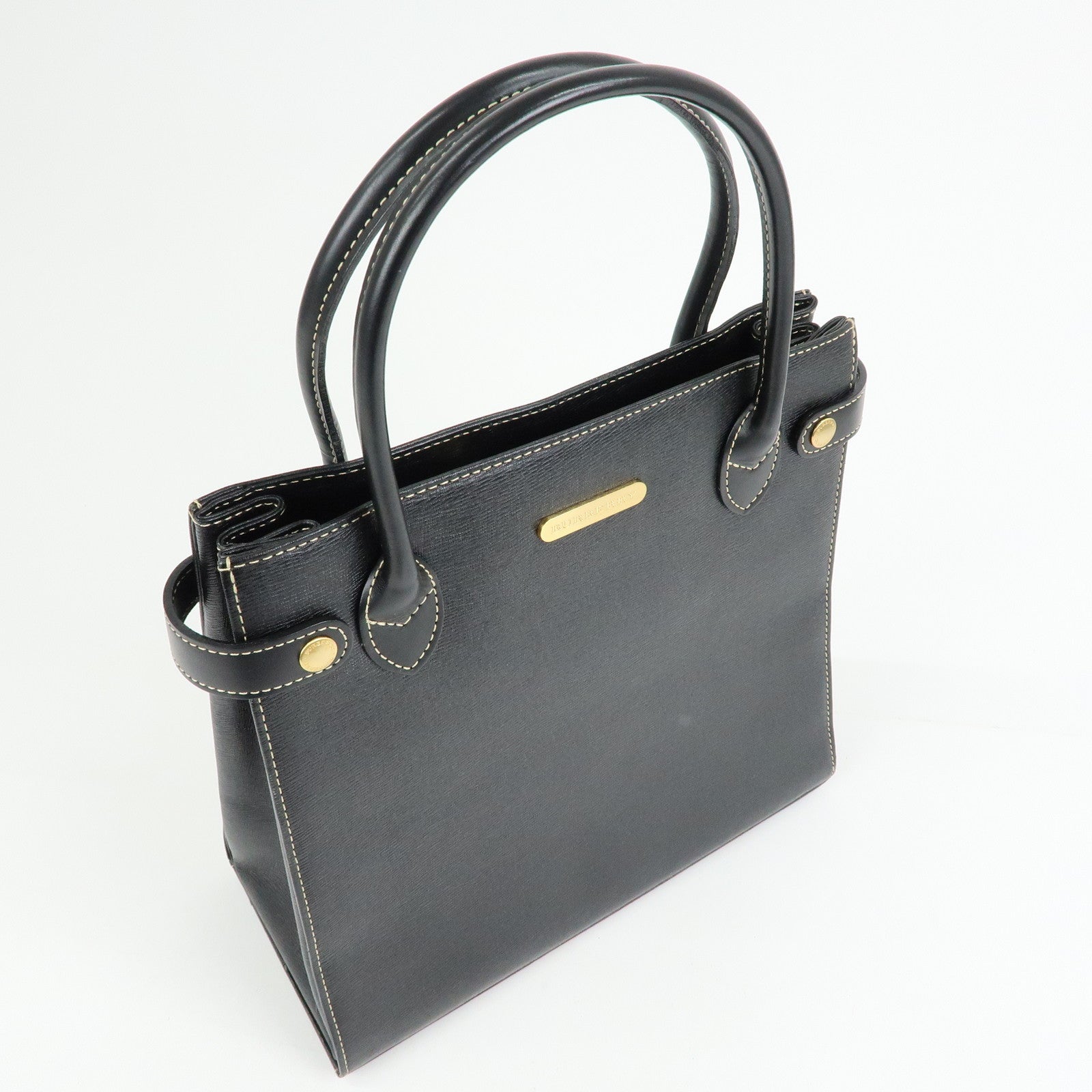 BURBERRY Leather Nova Plaid Hand Bag Tote Bag Black