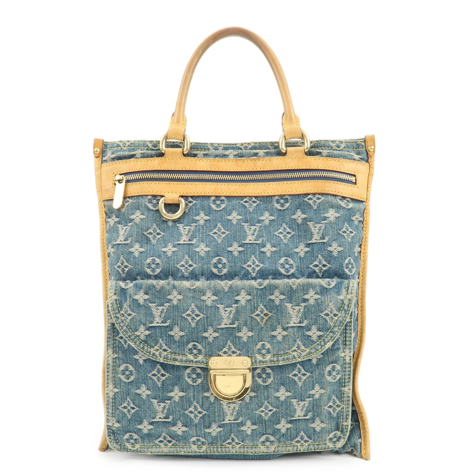 Louis Vuitton Monogram Denim Flat Shopper Tote Bag Blue M95018