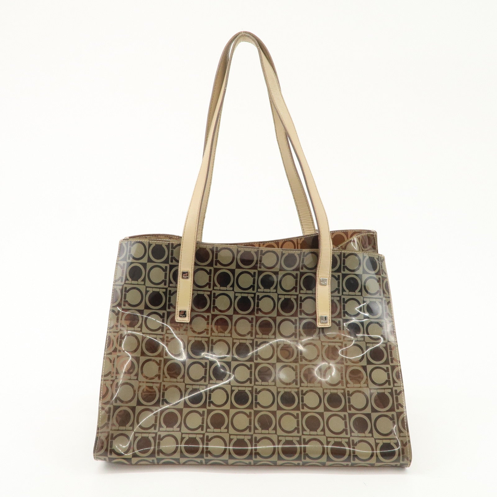 Ferragamo Gancini Vinyl Tote Bag Hand Bag Beige Khaki Silver HDW Used