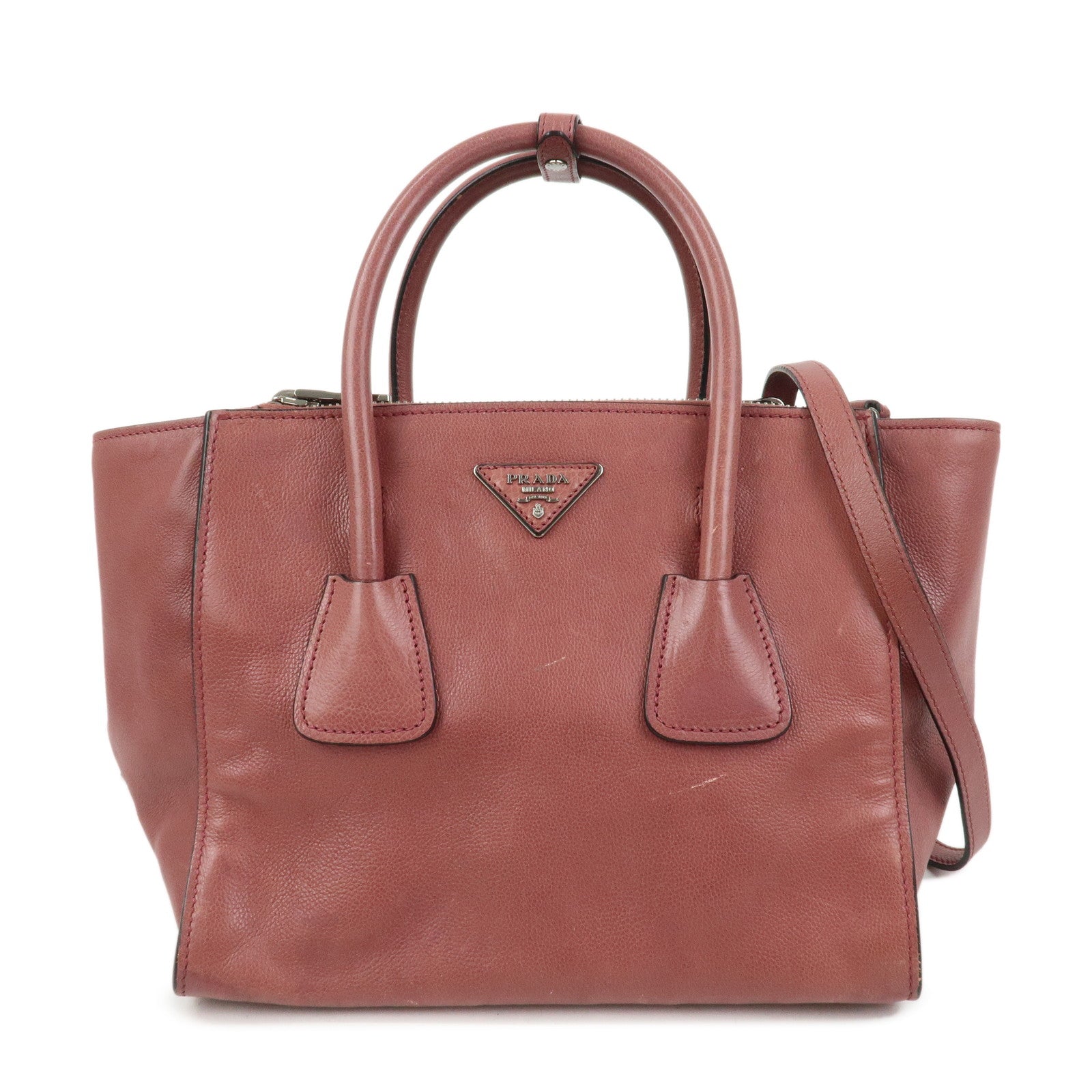 PRADA Triangle Logo Leather 2Way Bag Tote Bag Hand Bag Pink B2625M