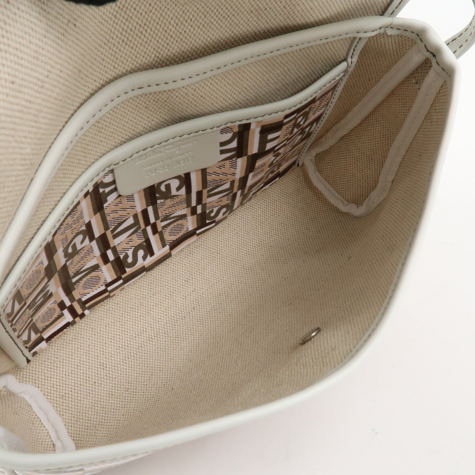 Ferragamo Logo PVC Canvas Leather Shoulder Bag Hand Bag White Gray