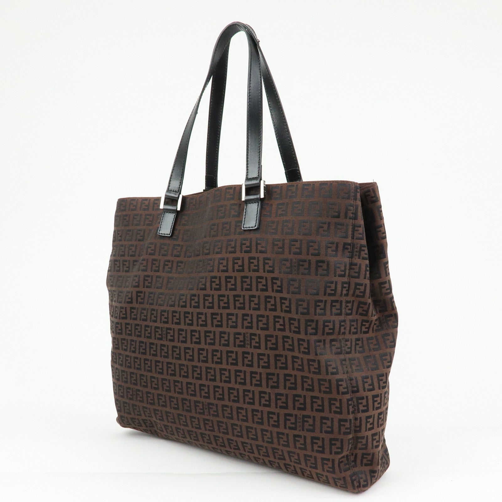 FENDI Zucchino Canvas Leather Tote Bag Hand Bag Brown Black