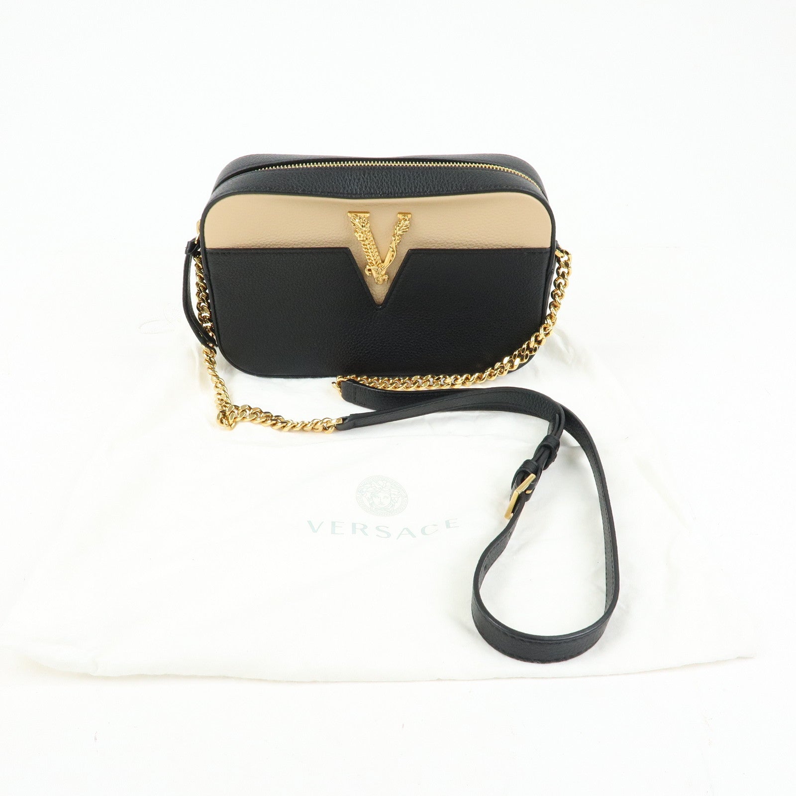 VERSACE Virtus Leather Shoulder Crossbody Bag Black Beige