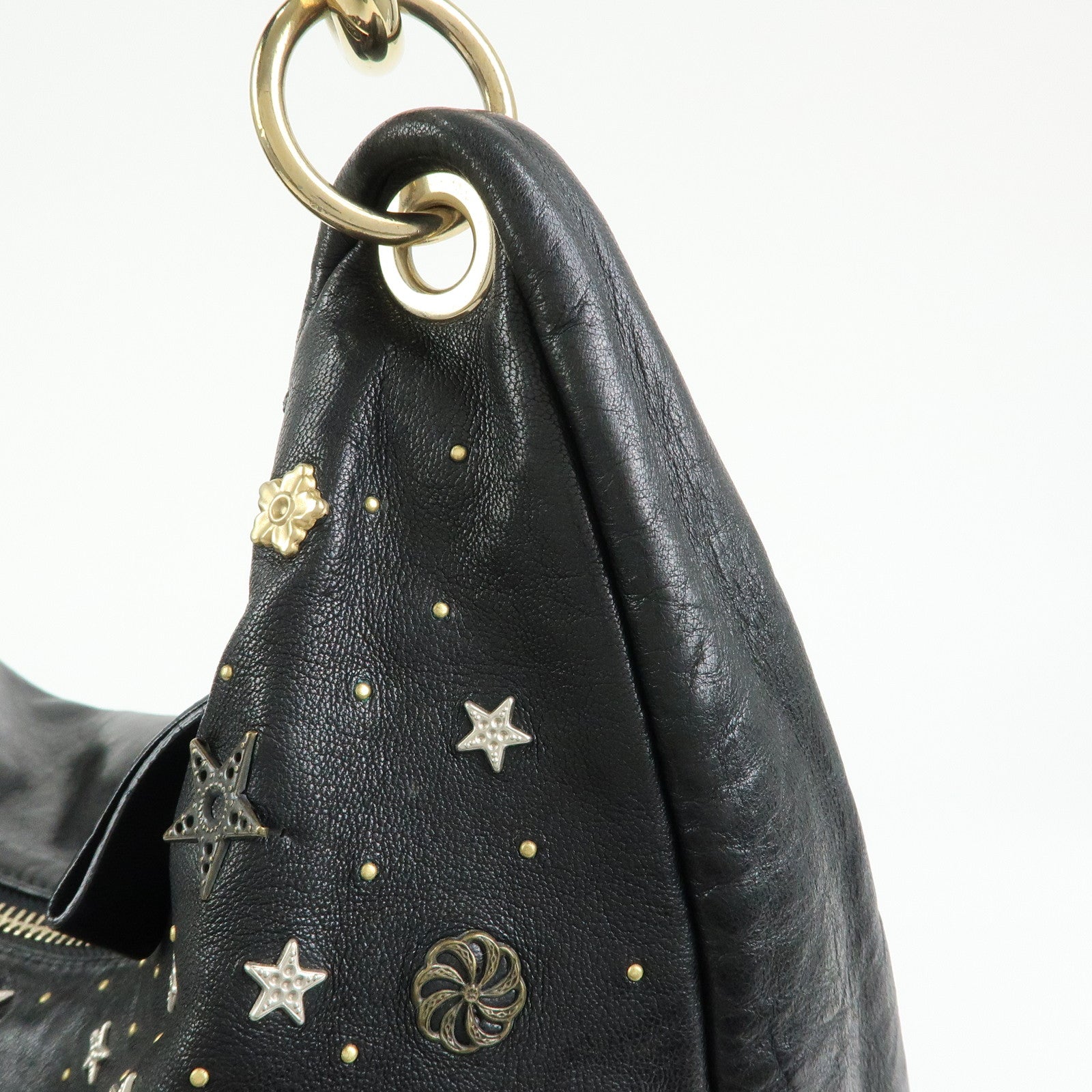 JIMMY CHOO Zodiac Leather Studs Shoulder Bag Hand Bag Black