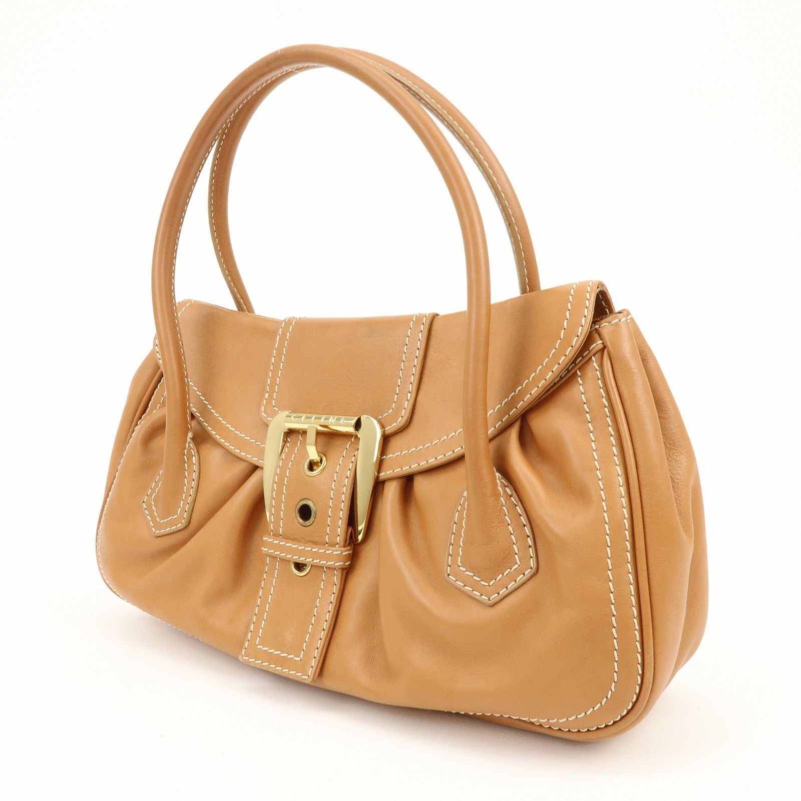CELINE Chouquette Leather Hand Bag Shoulder Bag Camel