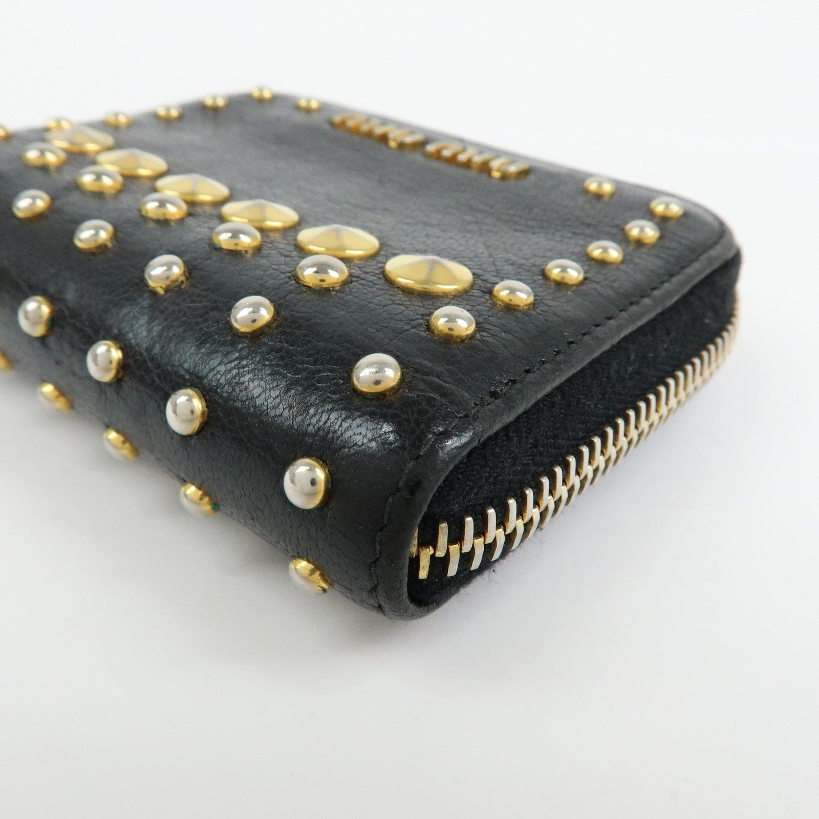 MIU MIU Madras Leather Studs Compact Coin Case Wallet Black