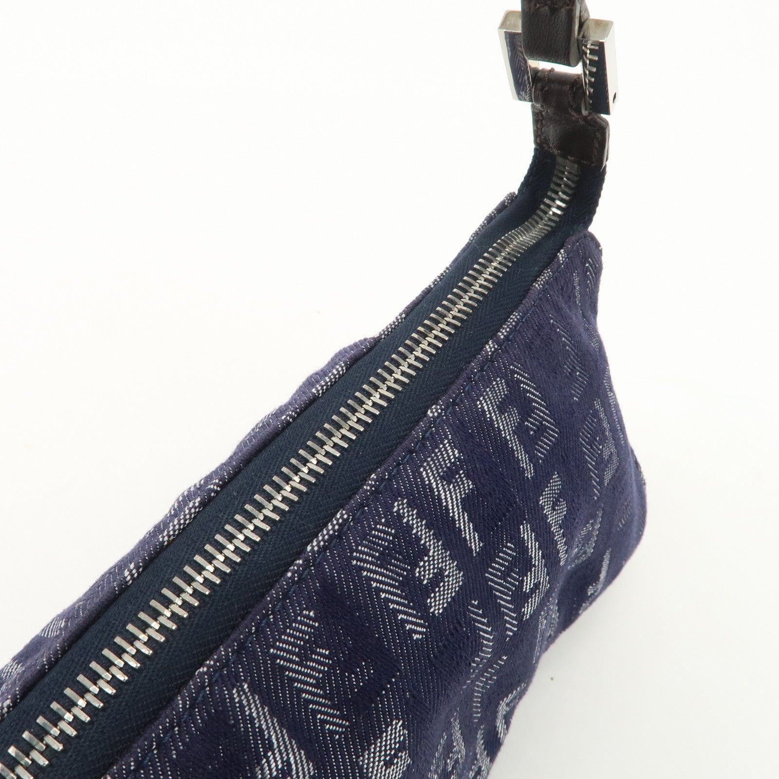 FENDI Zucchino Canvas Leather Shoulder Bag Pouch Navy 8BR249 Used