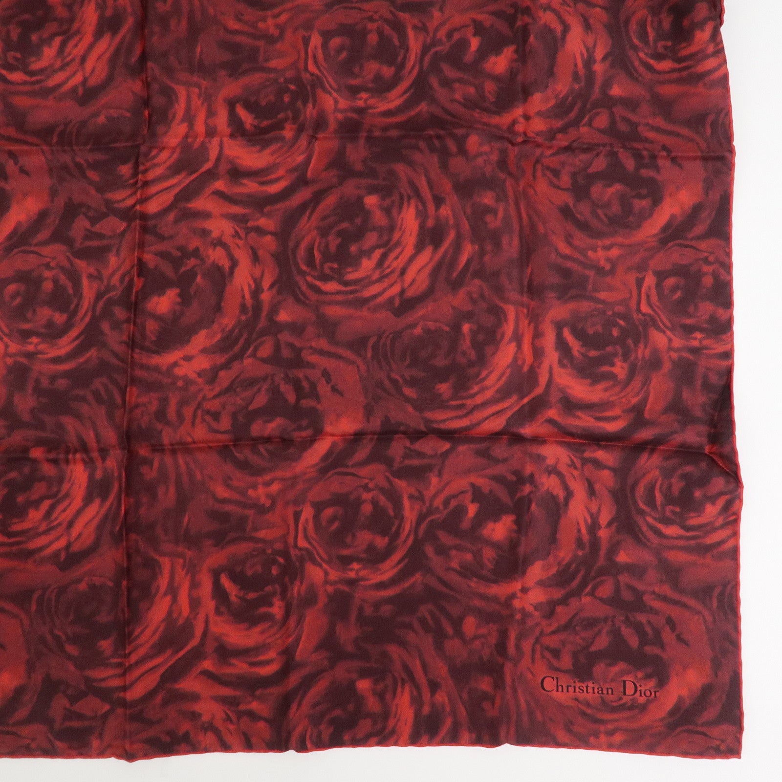 Christian Dior Logo Silk 100% Scarf Rose Motif Red Black