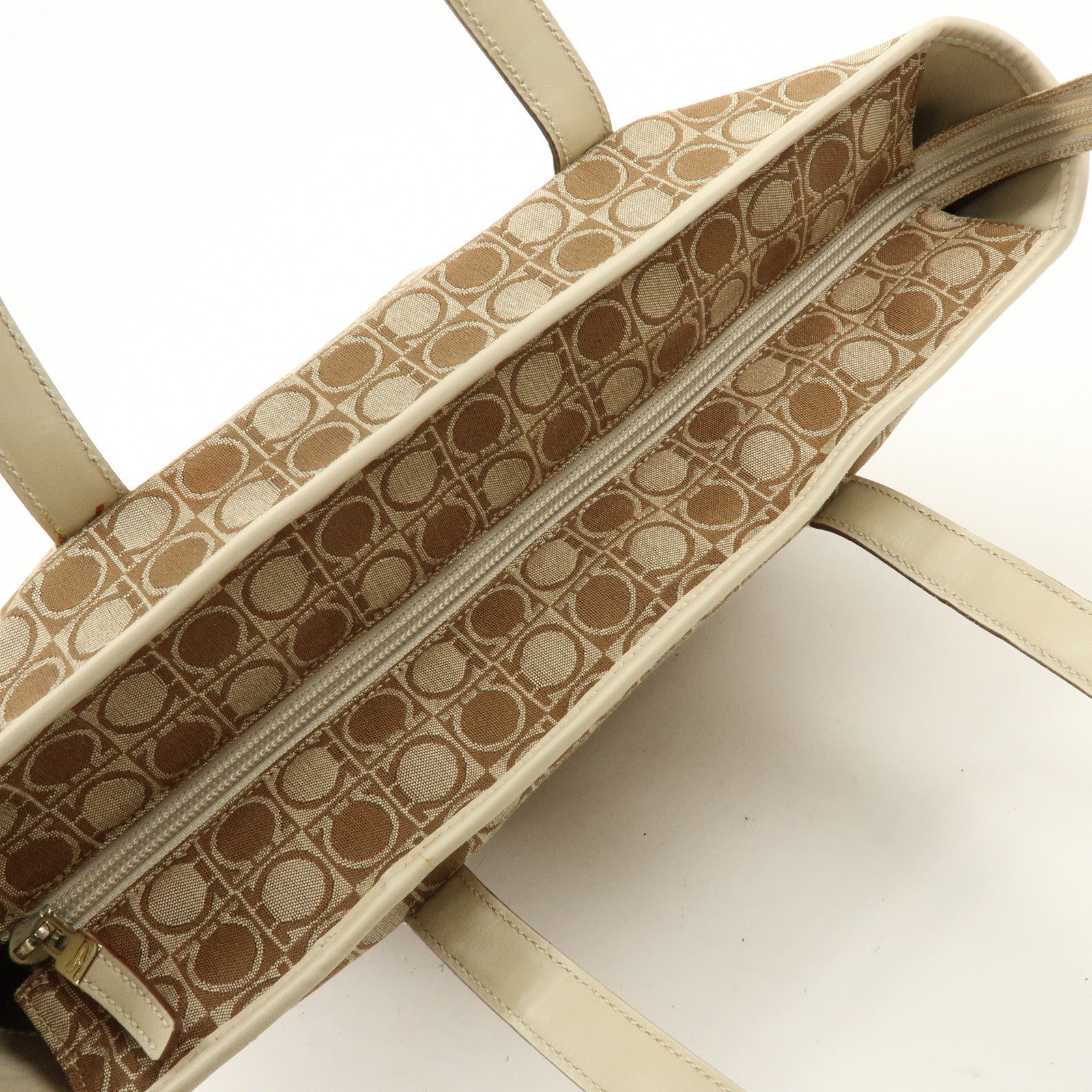 Ferragamo Gancini Canvas Leather Tote Bag Hand Bag Brown Beige