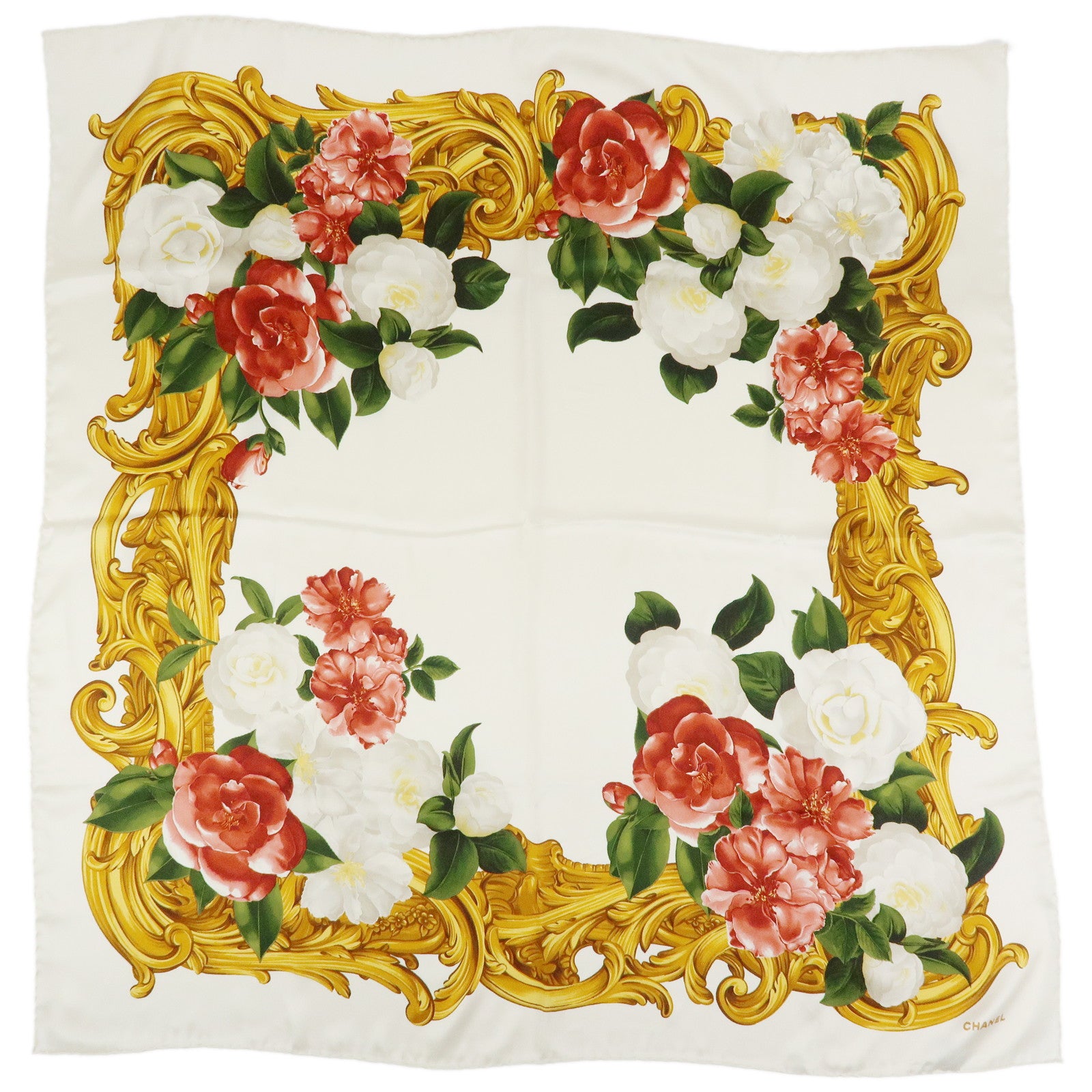 CHANEL Silk 100% Scarf Flower Print White Red Gold