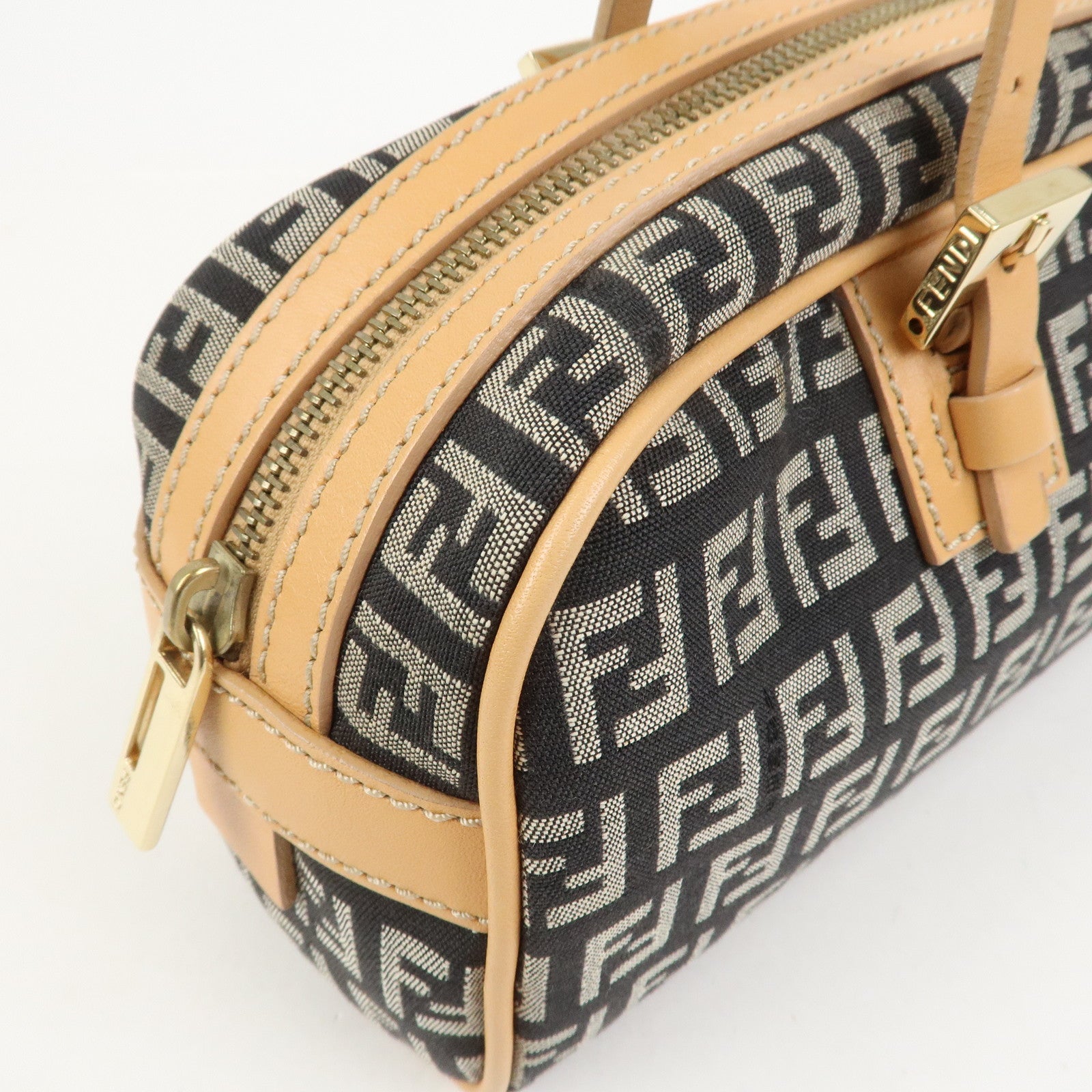 FENDI Zucchino Canvas Leather Mini Boston Bag Hand Bag Black 8BL007