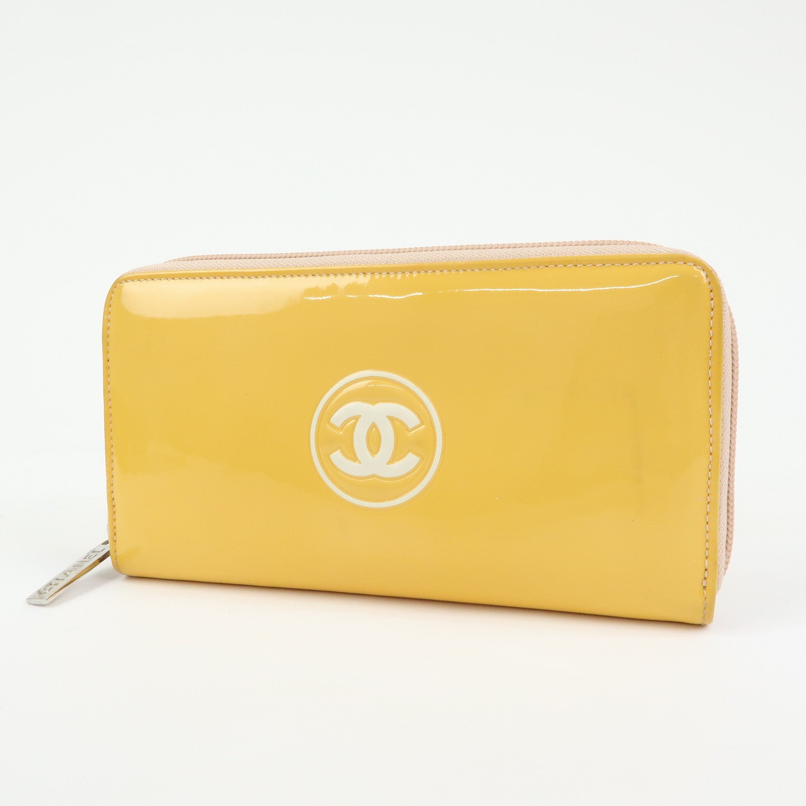 CHANEL Makeup COCO Mark Patent Leather Long Wallet Yellow