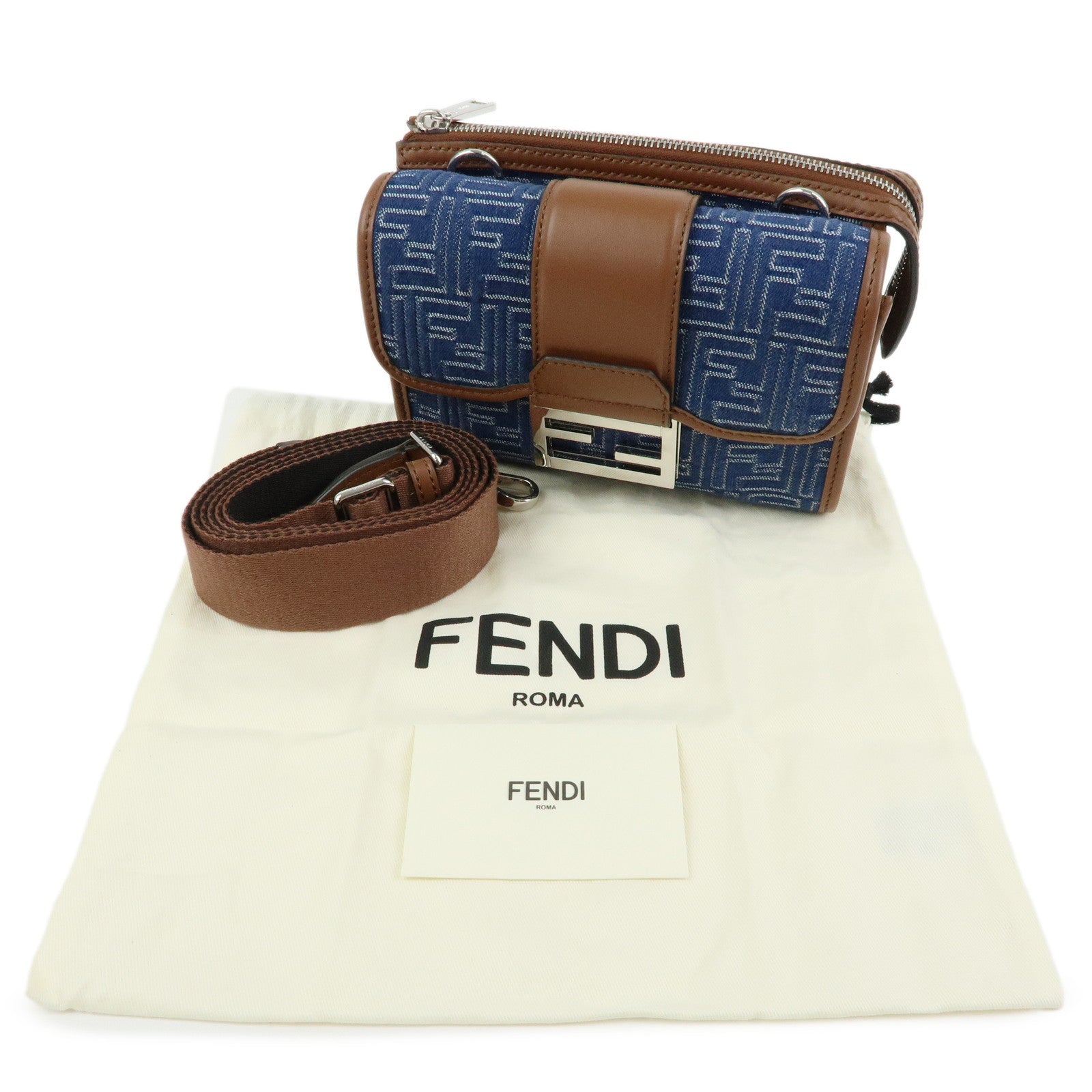 FENDI Zucca Canvas Leather Shoulder Bag Double Bucket Blue 7VA649