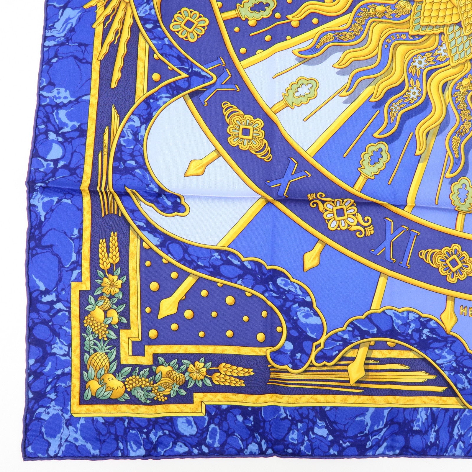 HERMES Carre 90 Silk 100% Scarf CARPE DIEM Blue Yellow