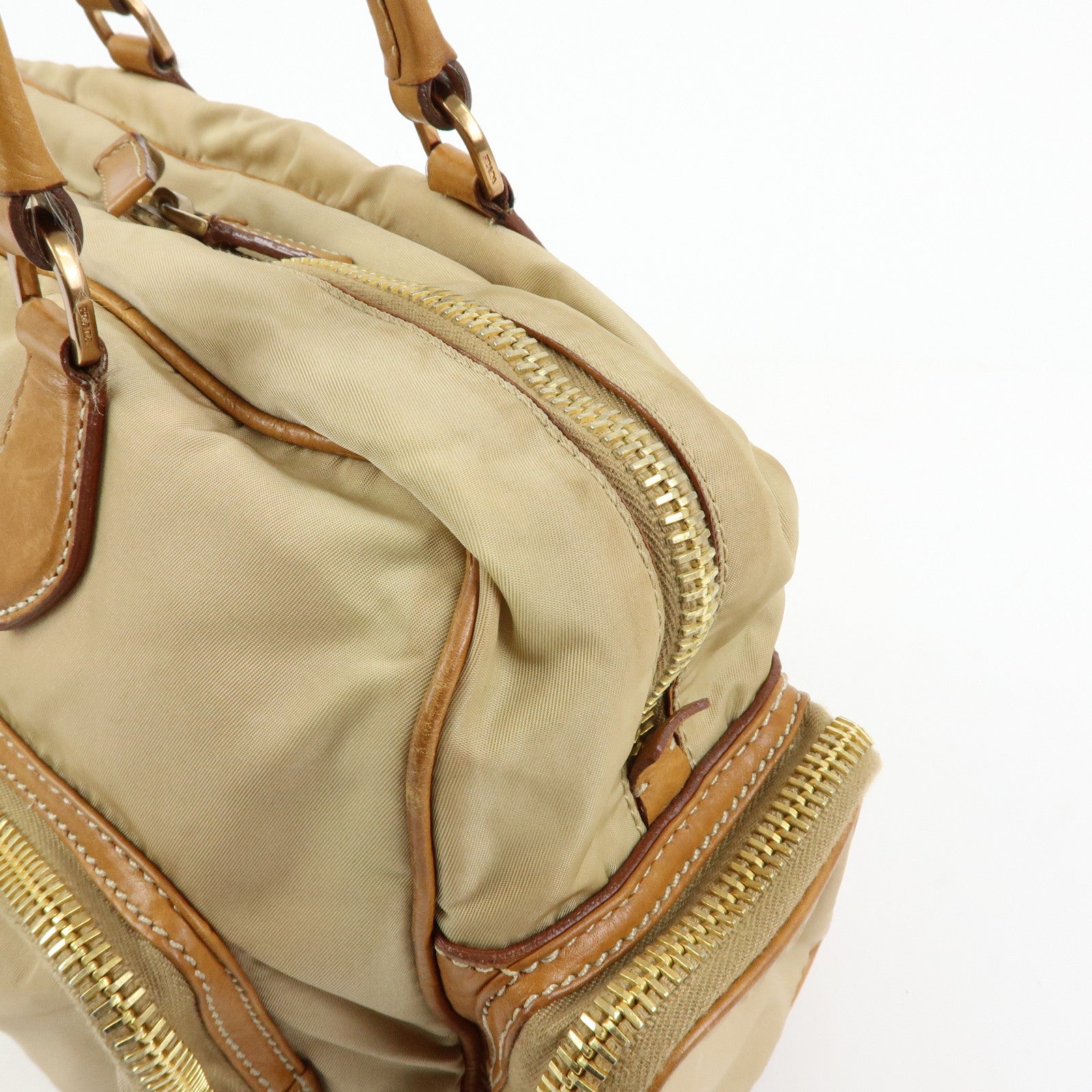 PRADA Triangle Logo Nylon Leather Shoulder Hand Bag Beige Brown