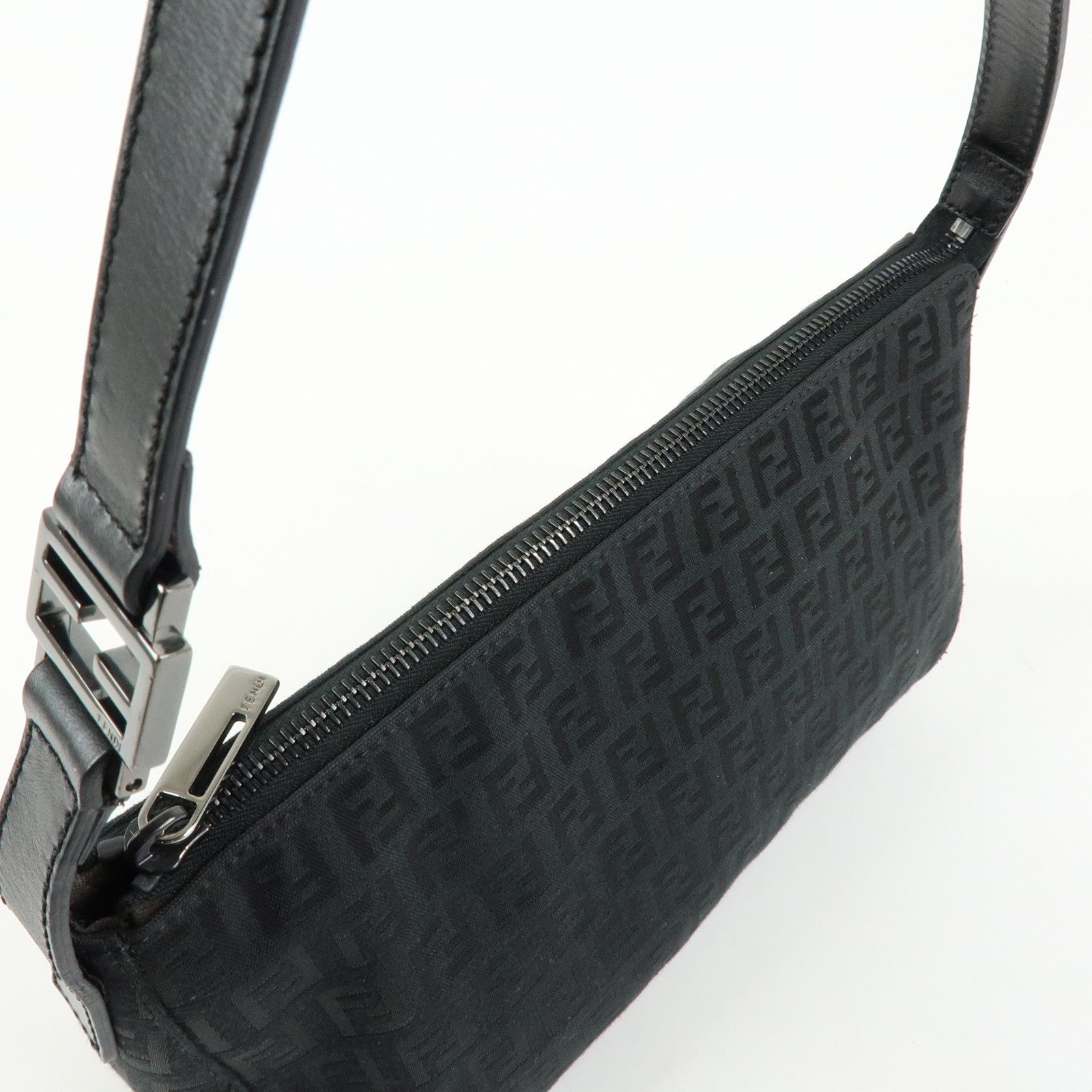 FENDI Zucchino Canvas Leather Shoulder Bag Hand Bag Black 8BR444
