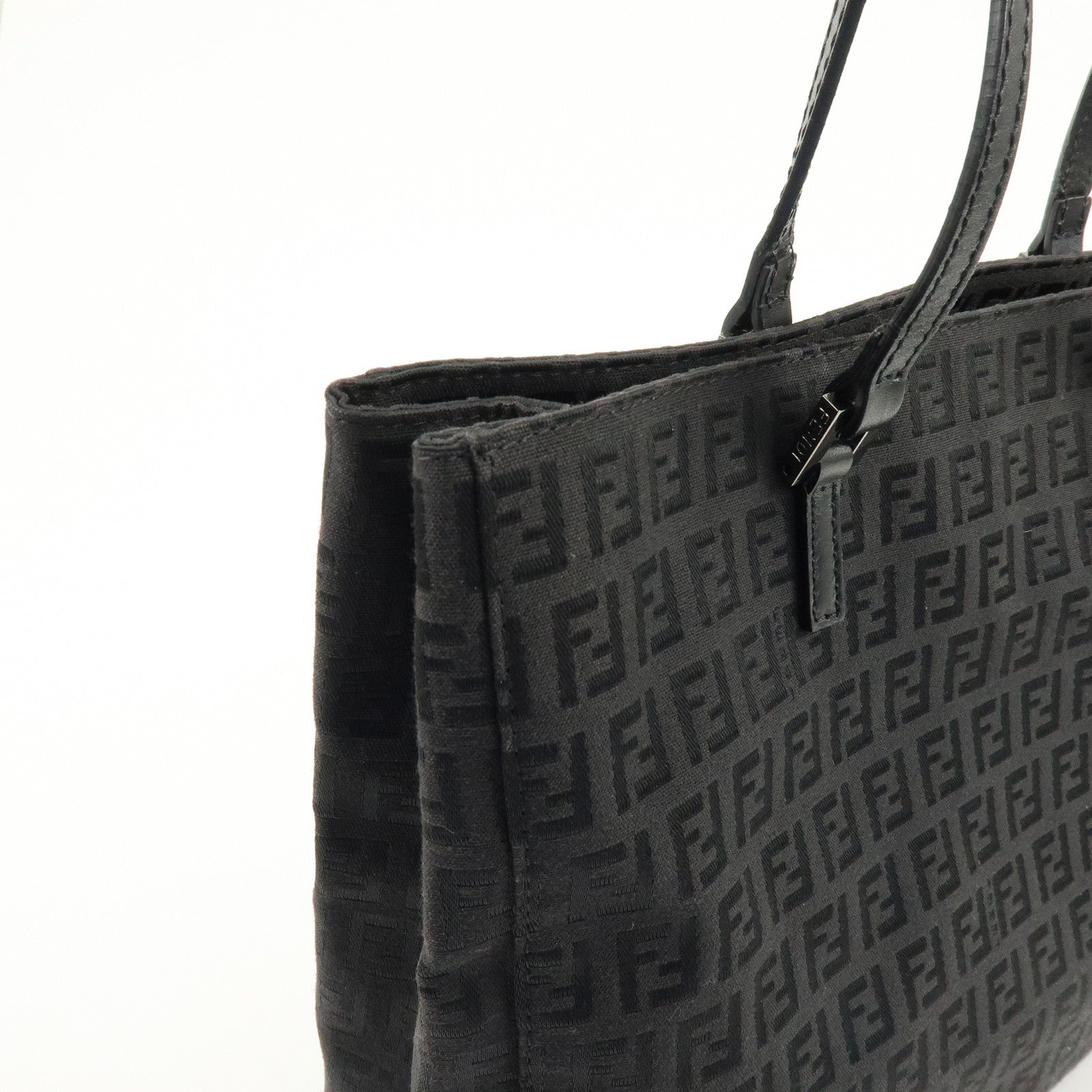 FENDI Zucchino Canvas Leather Tote Bag Shoulder Bag Black 8BH073