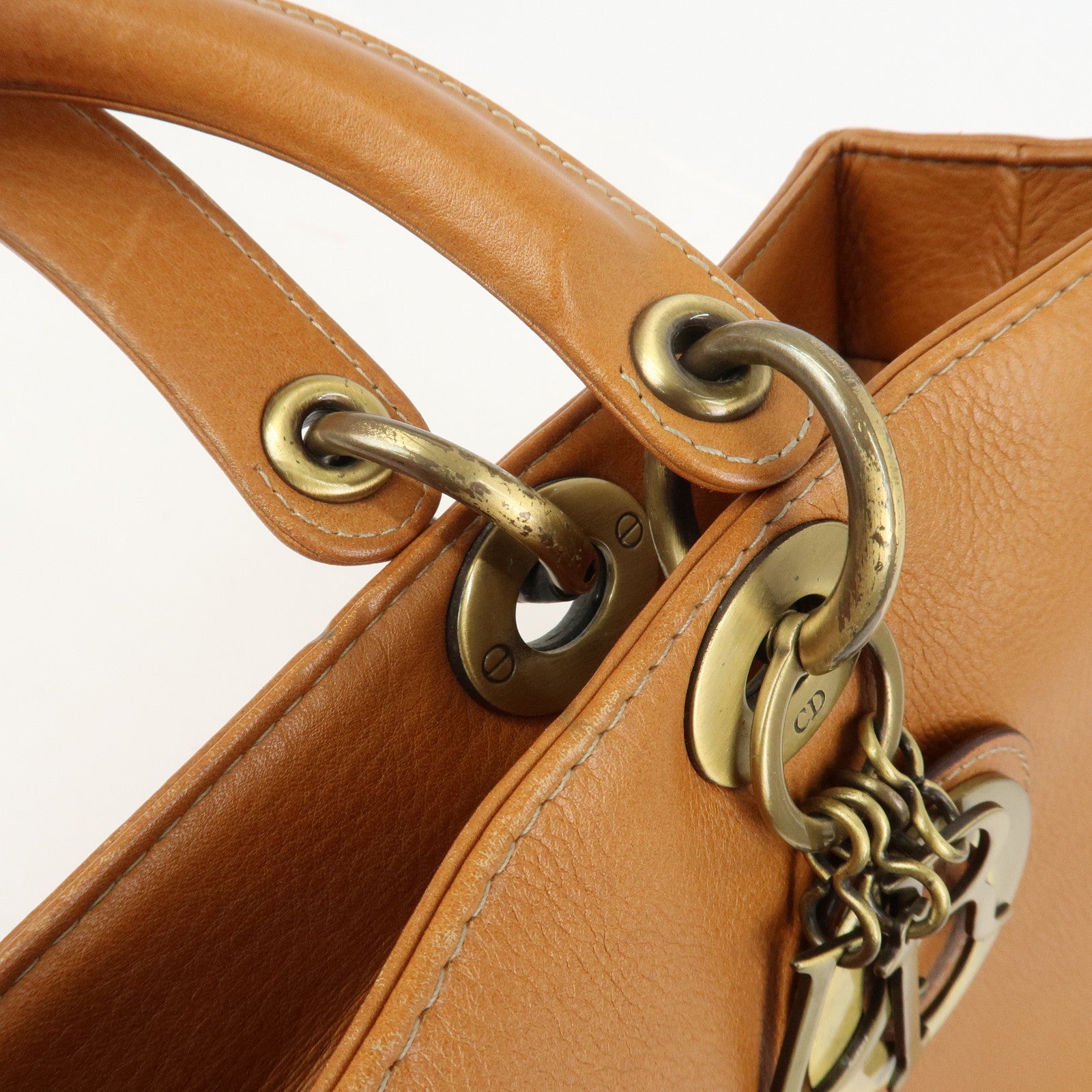 Christian Dior Lady Dior Leather Tote Bag Hand Bag Brown Gold