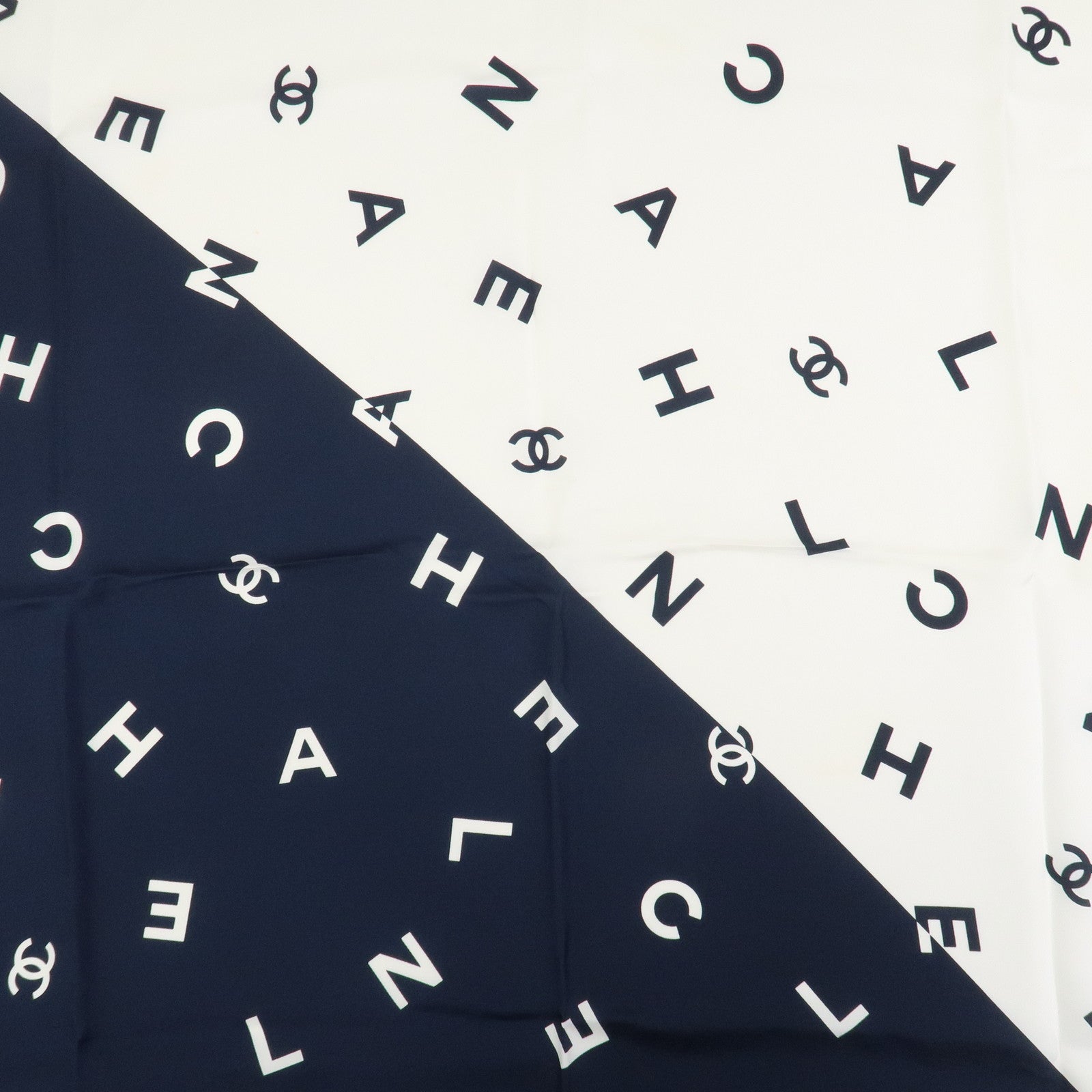 CHANEL COCO Mark Silk 100% Scarf White Navy