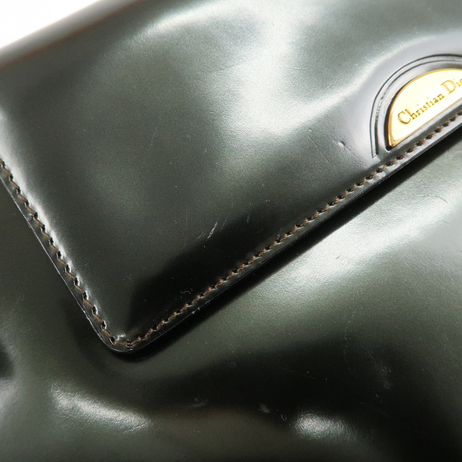 Christian Dior Enamel Leather Maris Pearl Shoulder Bag Hand Bag Khaki Used