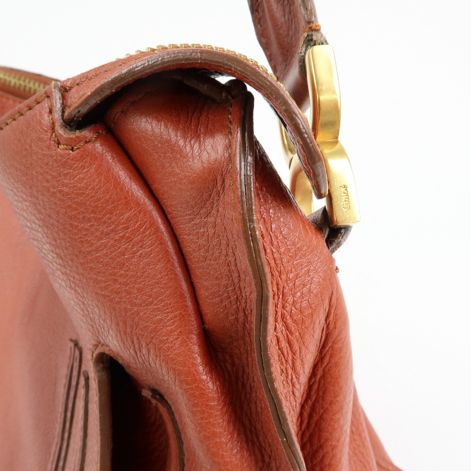 Chloe Marcie Leather Shoulder Bag Tote Bag Red Brown