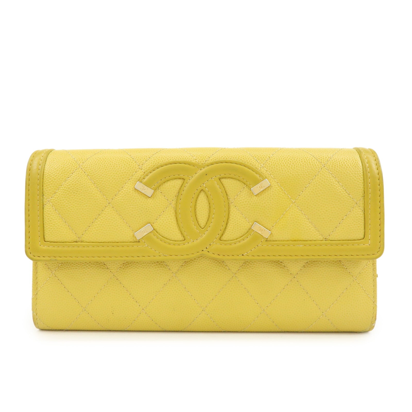 CHANEL CC Filigree Caviarskin Leather Long Wallet Yellow A84448