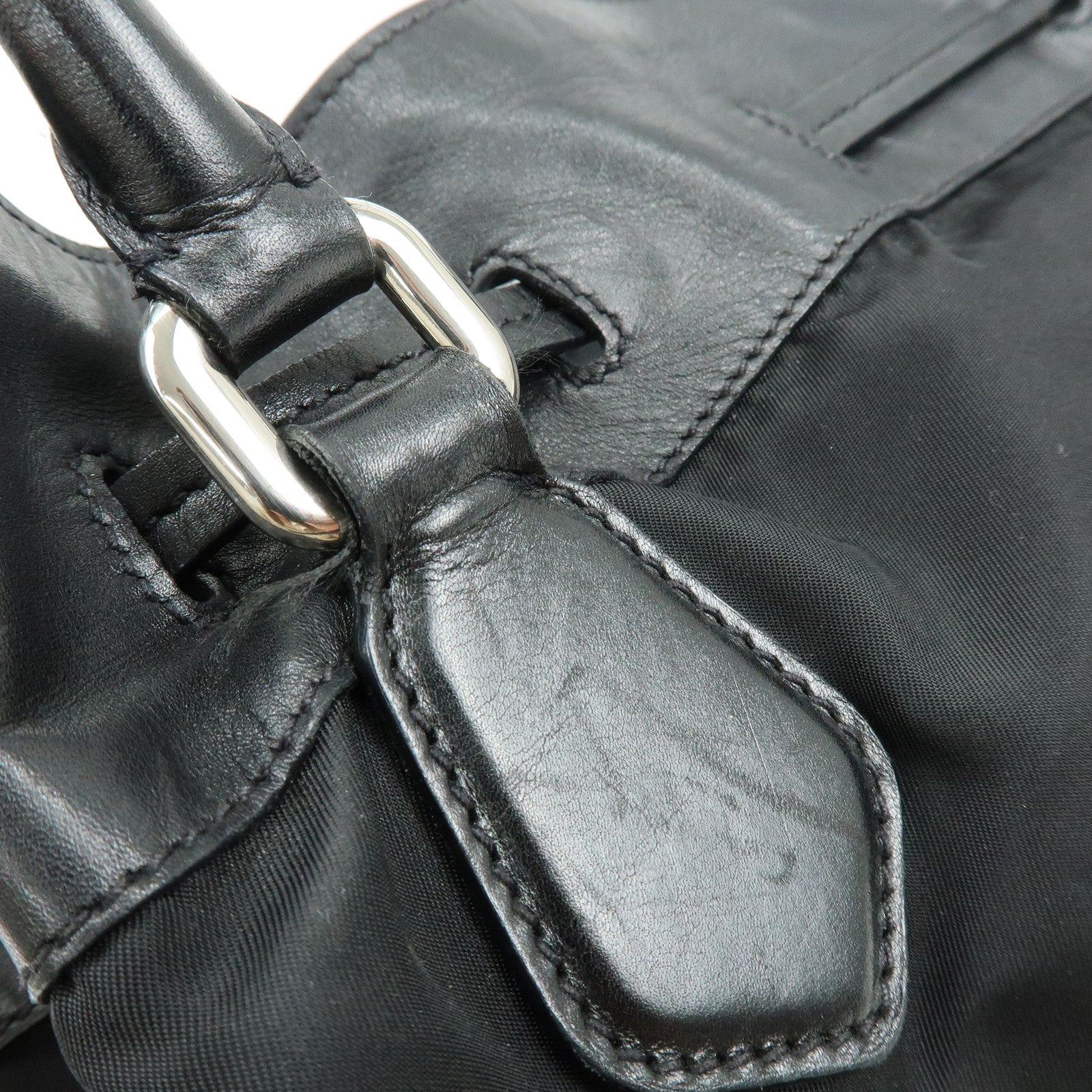 PRADA Triangle Logo Nylon Leather Tote Bag Hand Bag Black BR3616