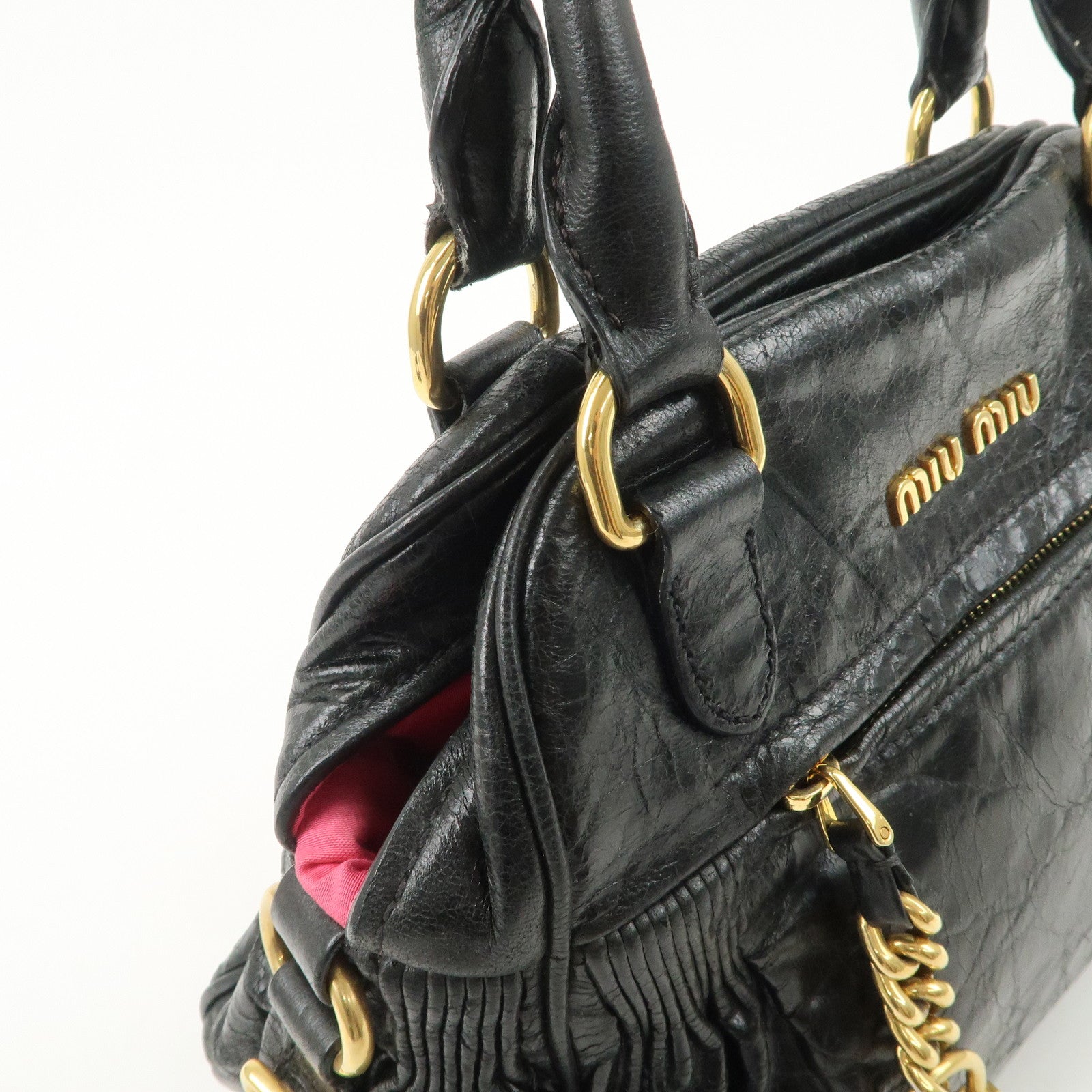 MIU MIU Leather 2Way Bag Hand Bag Shoulder Bag Black RR1424 Used