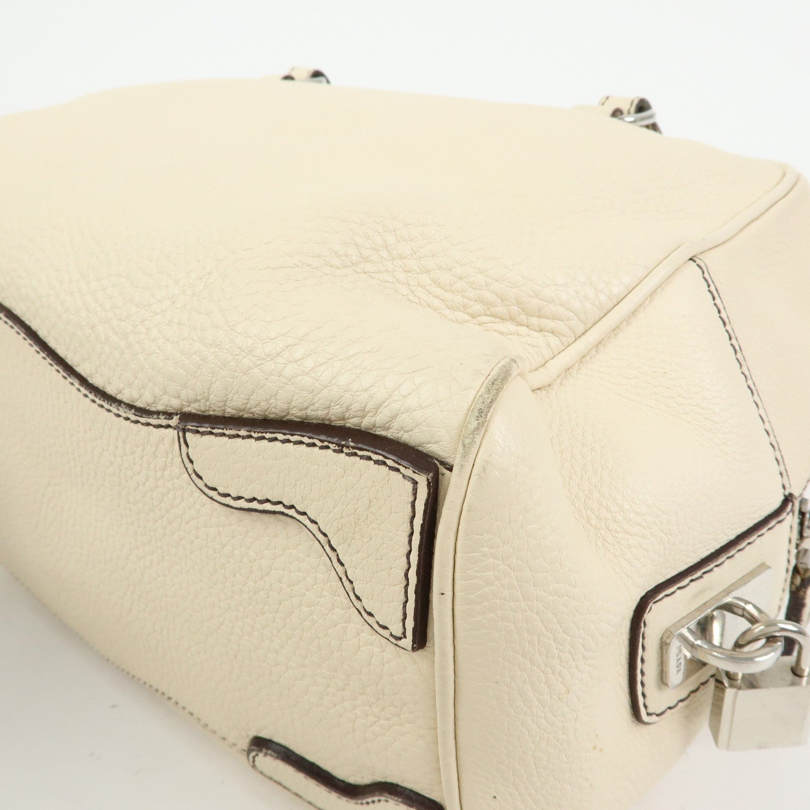 PRADA Vitello Daino Leather Boston Bag Shoulder Bag Ivory BR3091