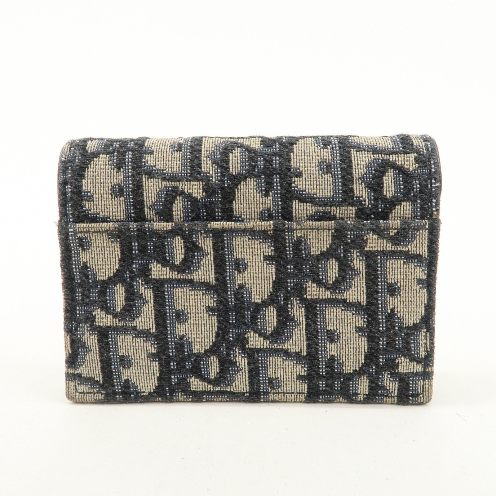 Christian Dior Oblique Canvas Leather Saddle Card Case Beige Navy Used