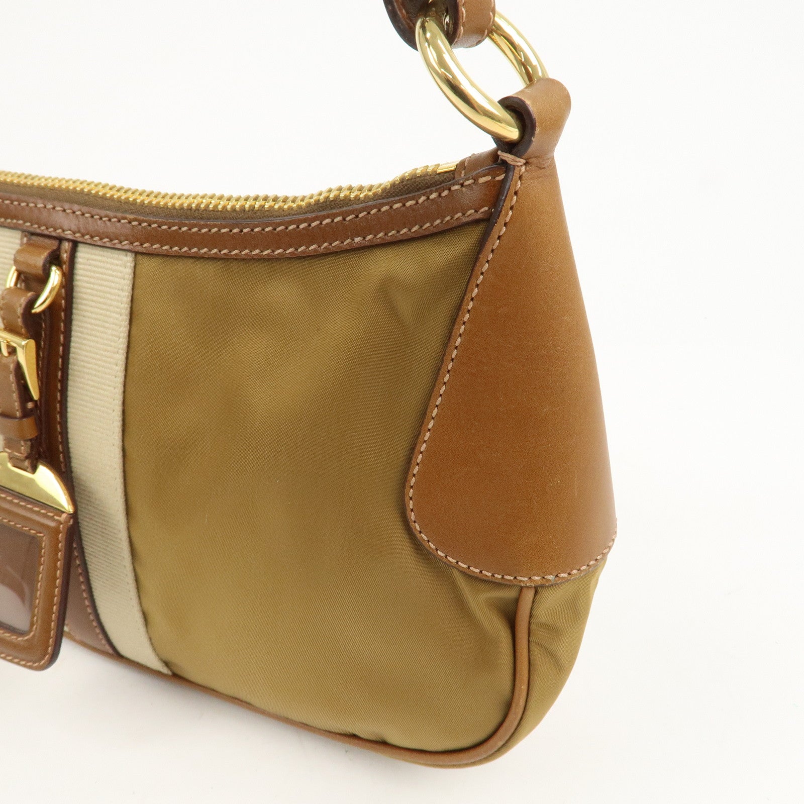 PRADA Triangle Logo Nylon Leather Shoulder Bag Brown BR3043
