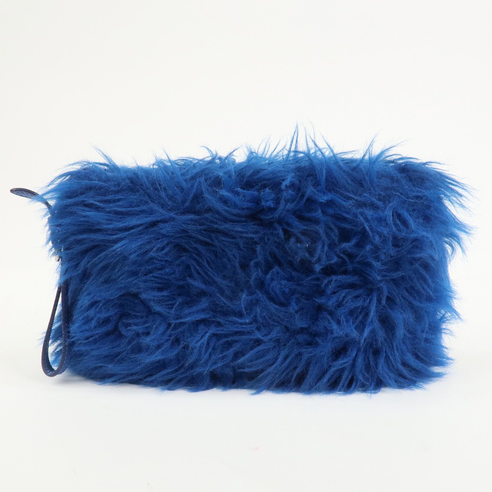 PRADA Triangle Logo Faux Fur Clutch Bag Flat Pouch Blue 1N1530