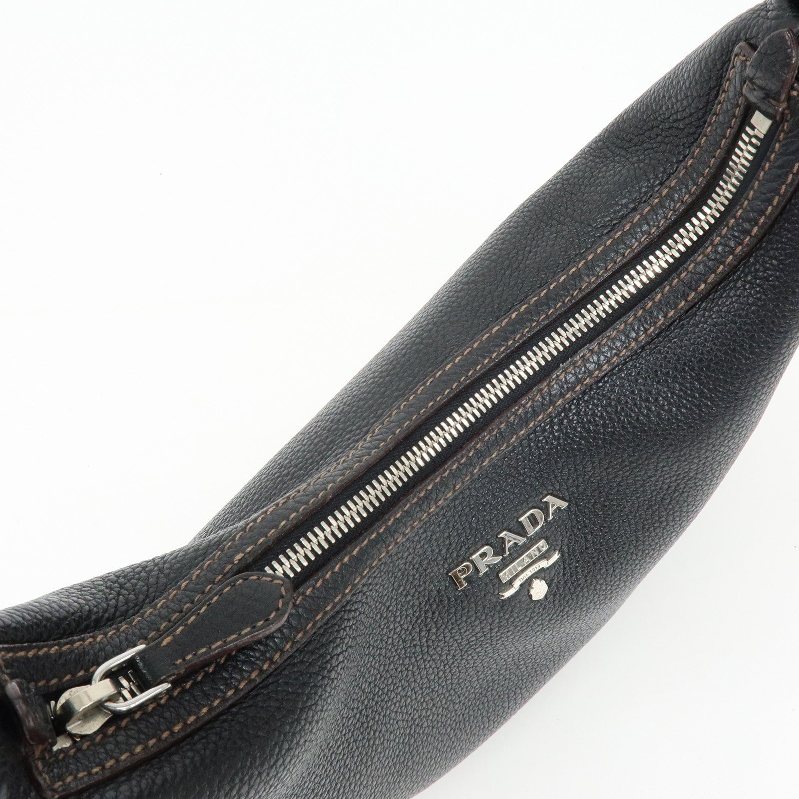 PRADA Logo Vitello Daino Leather Shoulder Bag Hand Bag Black BR3373