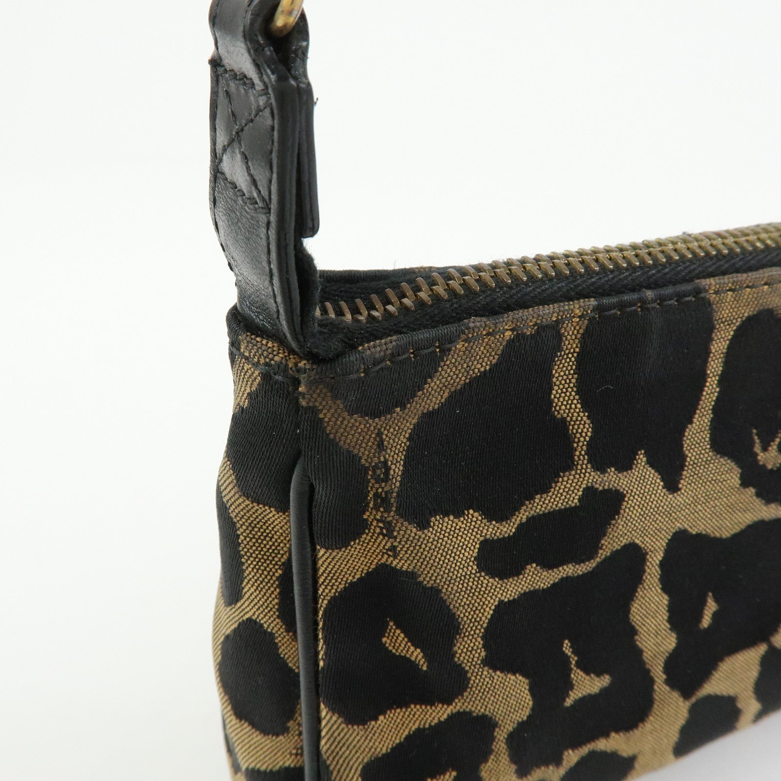 FENDI Canvas Leather Leopard Chain Hand Bag Brown Black 8M0264