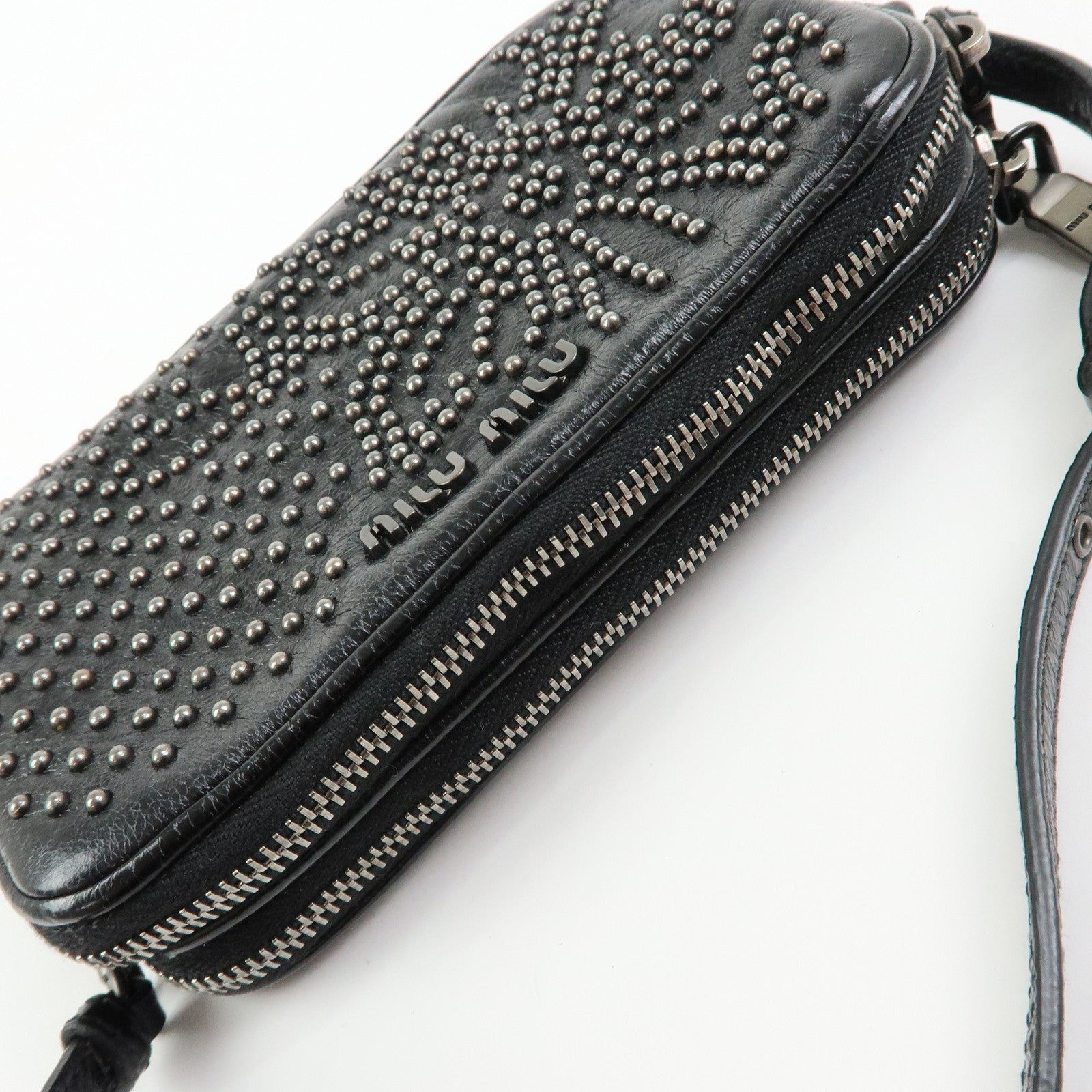 MIU MIU Logo Leather Mini Hand Bag Pouch Studs Black