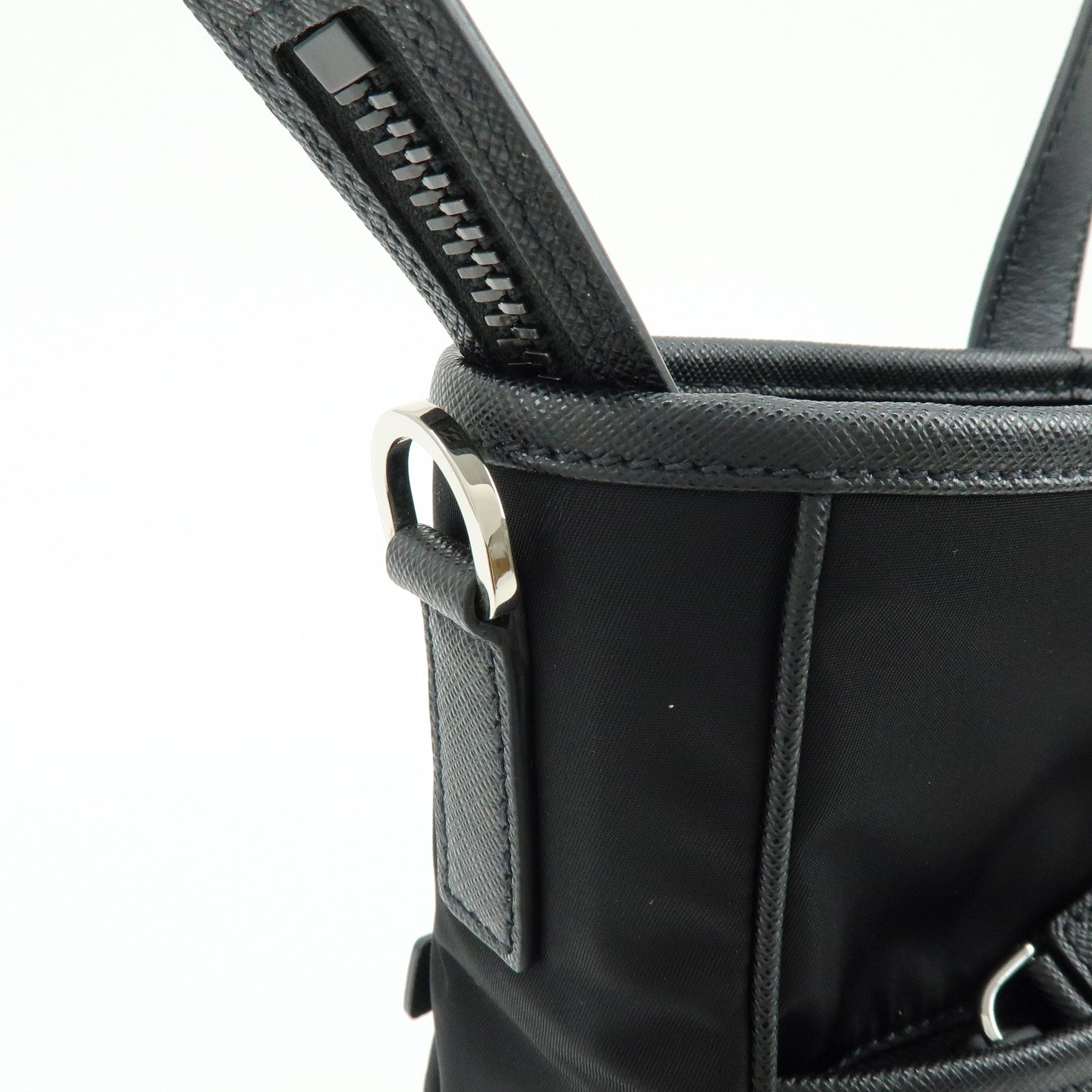 PRADA Triangle Logo Re-Nylon Saffiano Leather Tote Bag Black 2VG860