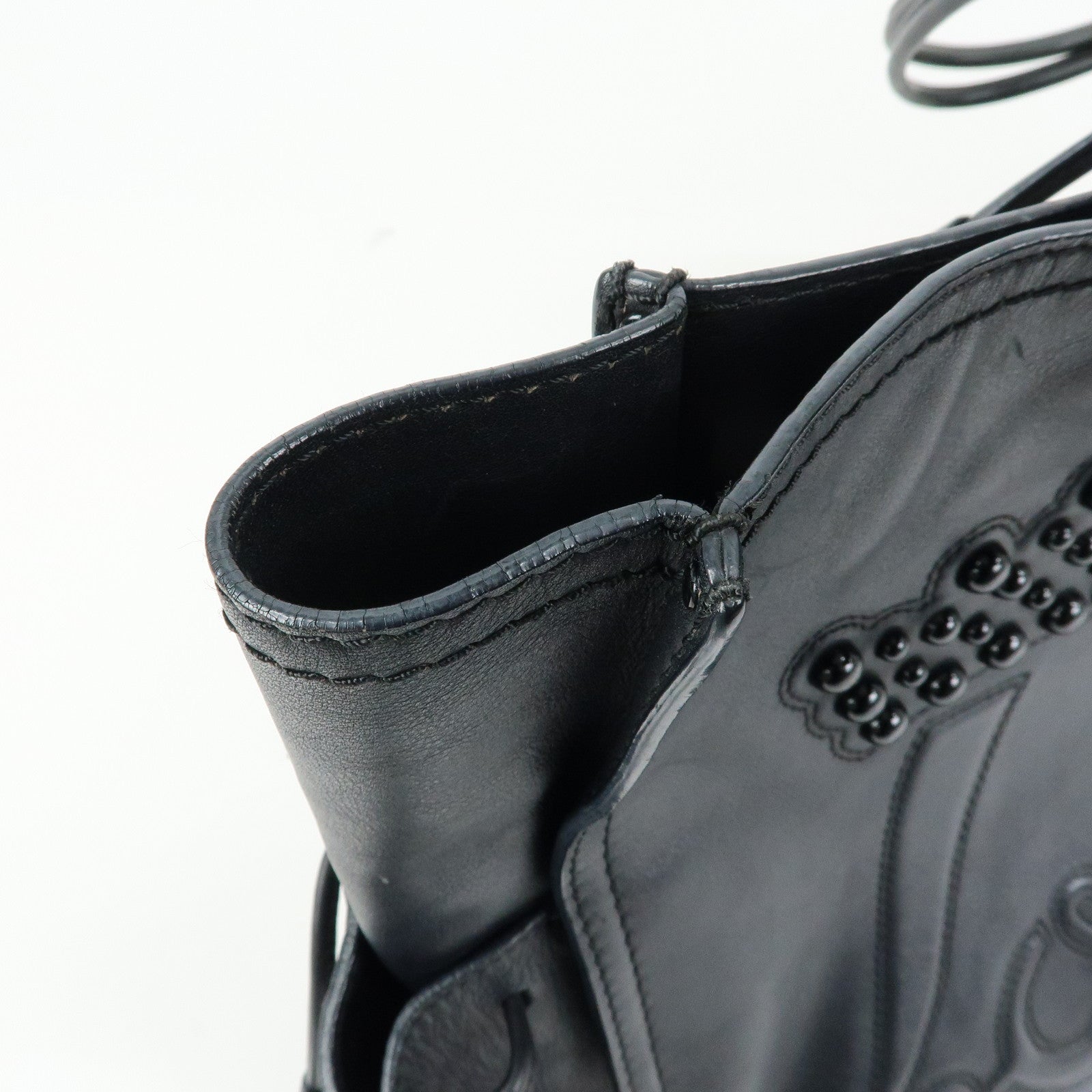 LOEWE Logo Studs Leather Shopper Tote Bag Shoulder Bag Black