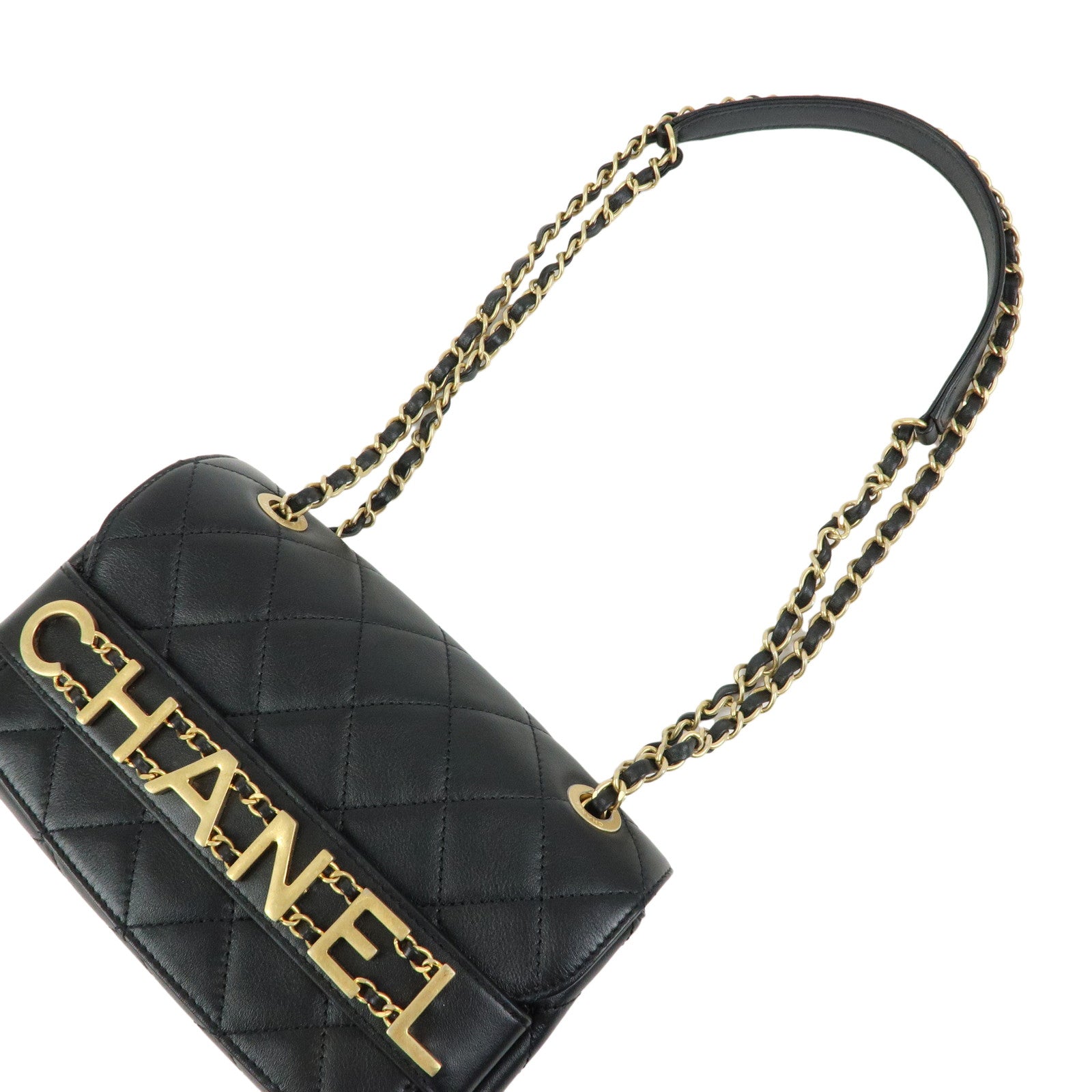CHANEL Mini Matelasse Lamb Skin Logo Flap Chain Shoulder Bag Black