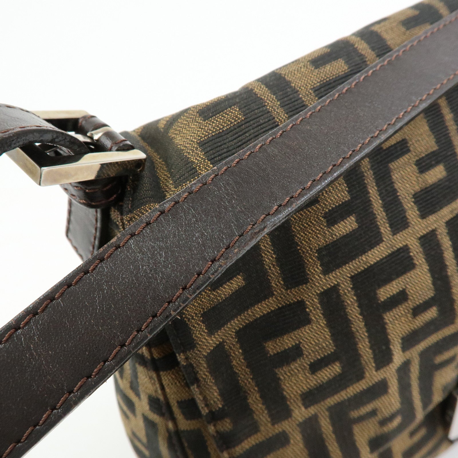 FENDI Mamma Baguette Zucca Canvas Leather Shoulder Bag Brown 26325