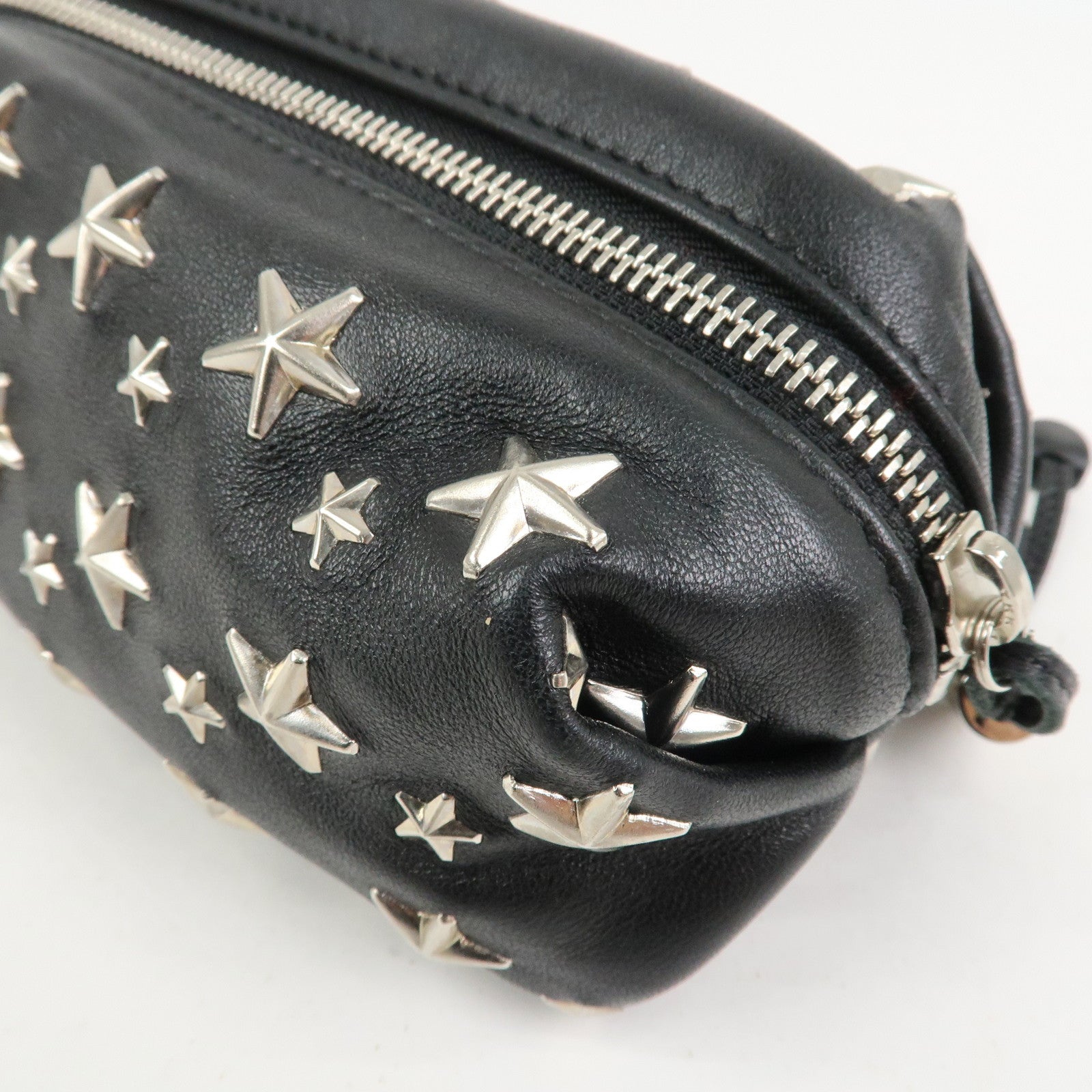 JIMMY CHOO Leather Star Studs Pouch Cosmetic Pouch Makeup Bag Black