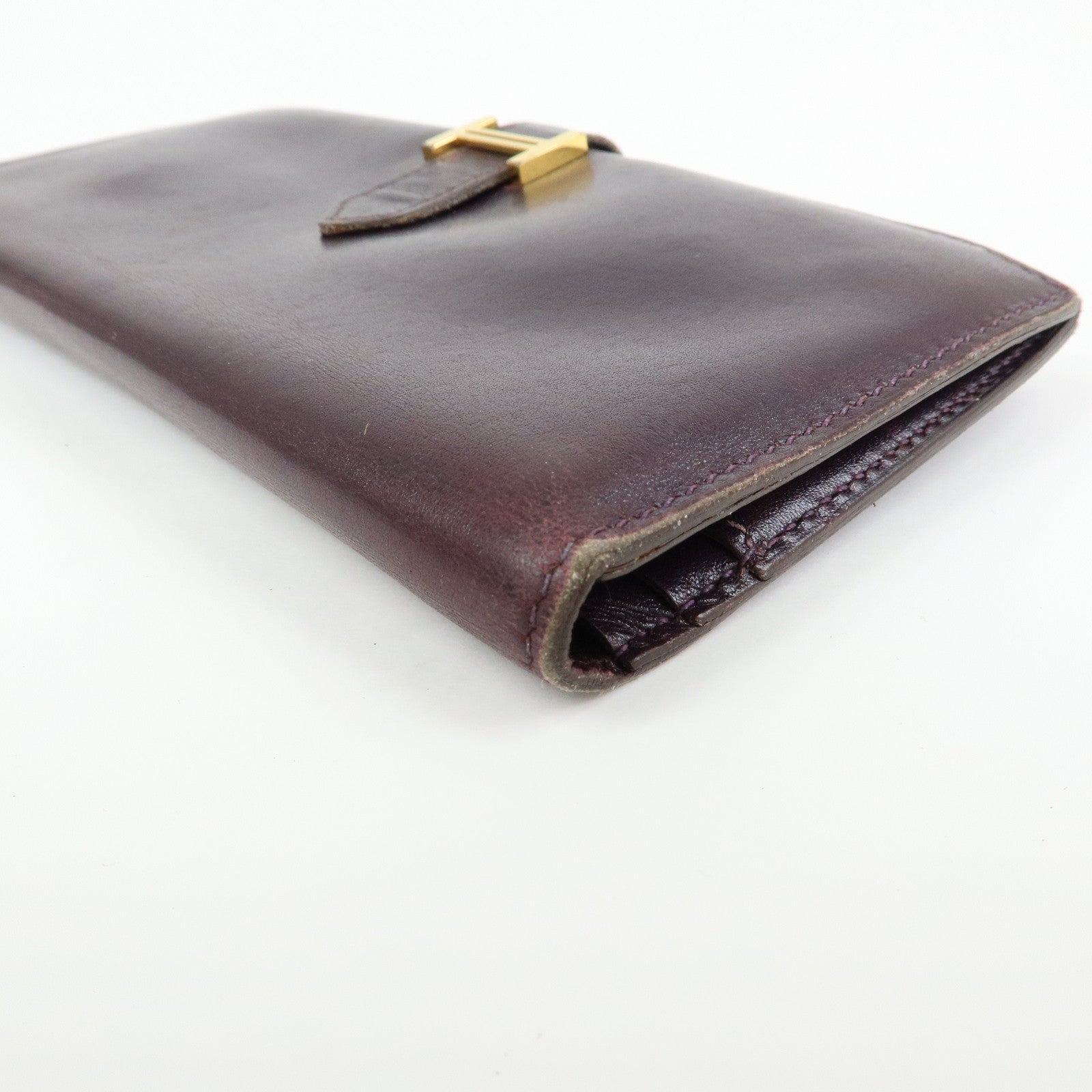 HERMES Bearn Box Calf Leather Bi-fold Long Wallet Purple