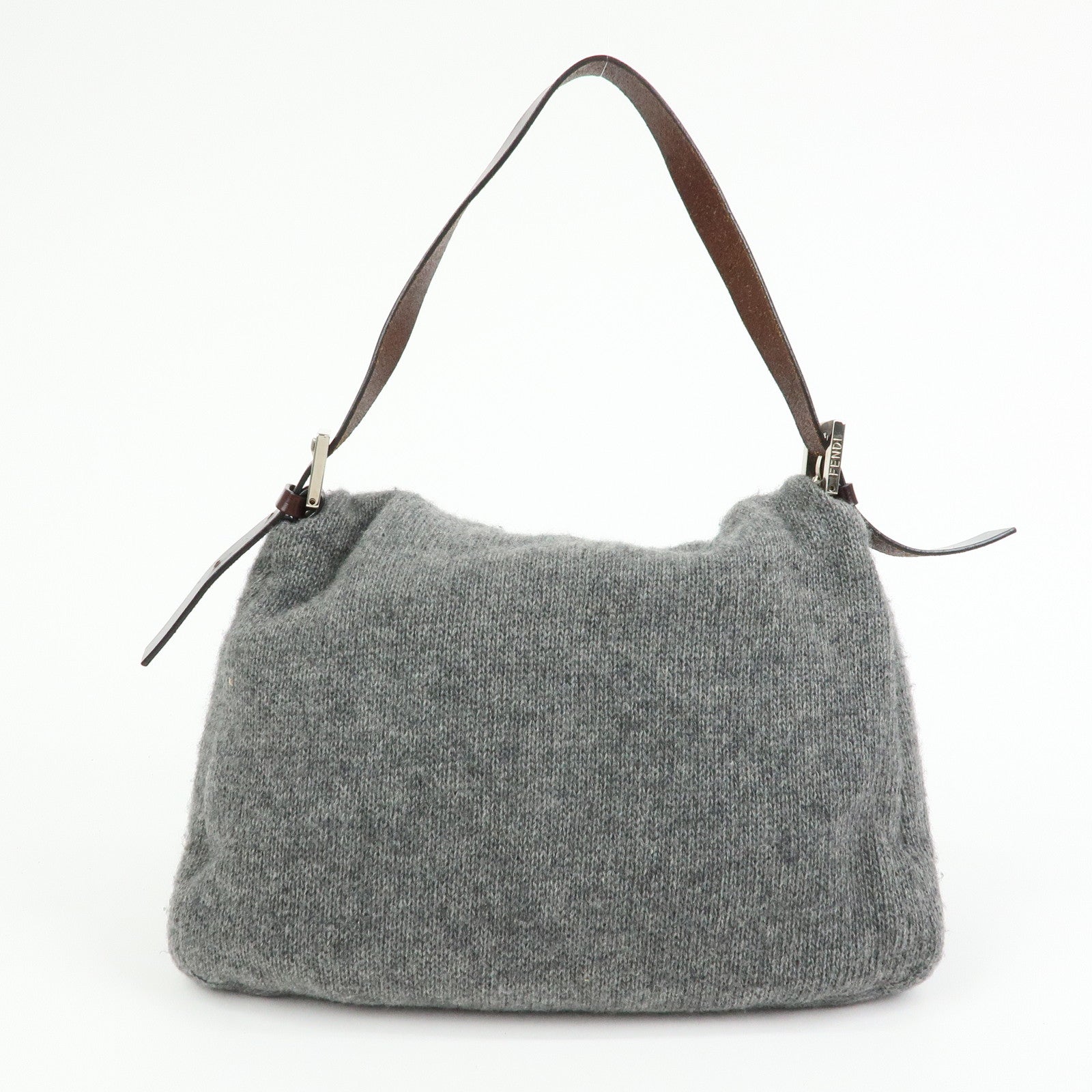FENDI Mamma Baguette Wool Leather Shoulder Bag Grey Brown 26325