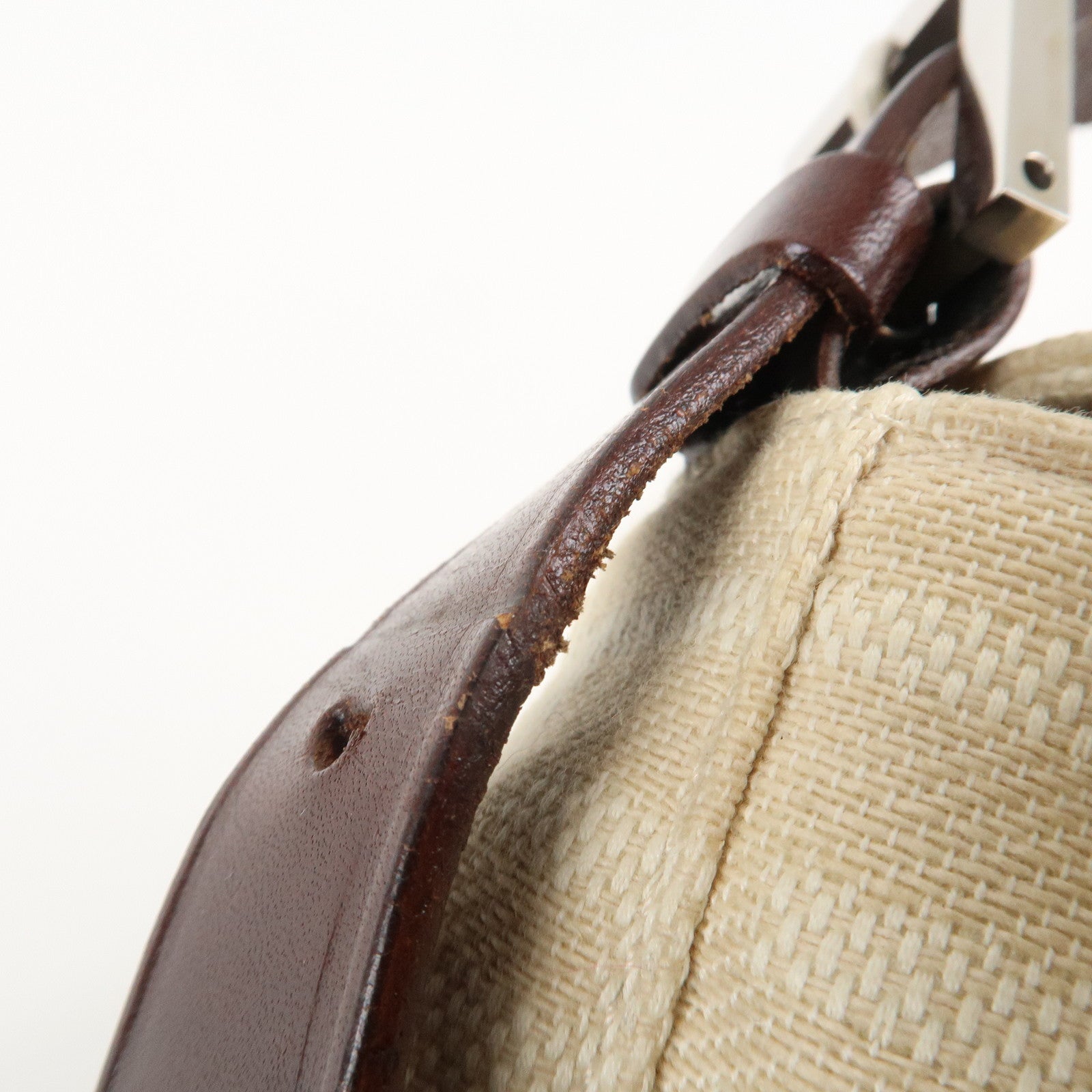 FENDI Mamma Baguette Zucca Leather Canvas Hand Bag Beige Brown 26424 Used