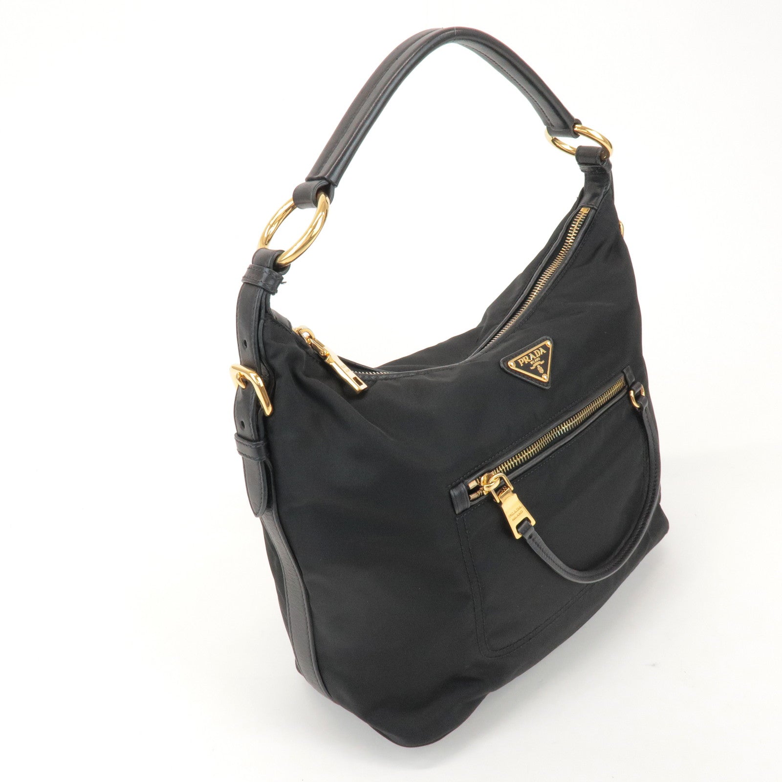 PRADA Triangle Logo Nylon Leather Shoulder Bag Black