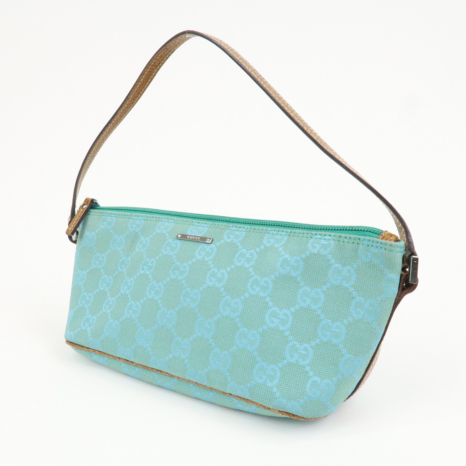 GUCCI Boat Bag GG Canvas Leather Hand Bag Pouch Blue 07198