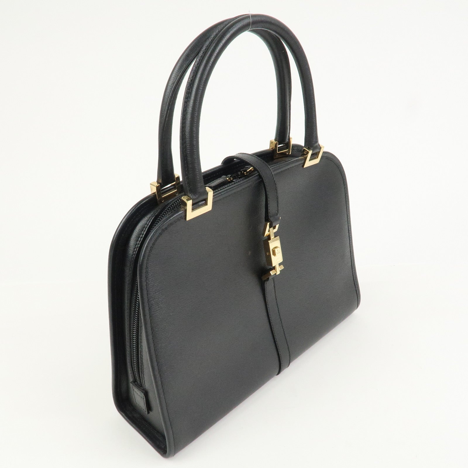 GUCCI Jackie Leather Hand Bag Tote Bag Black Gold 002.1071