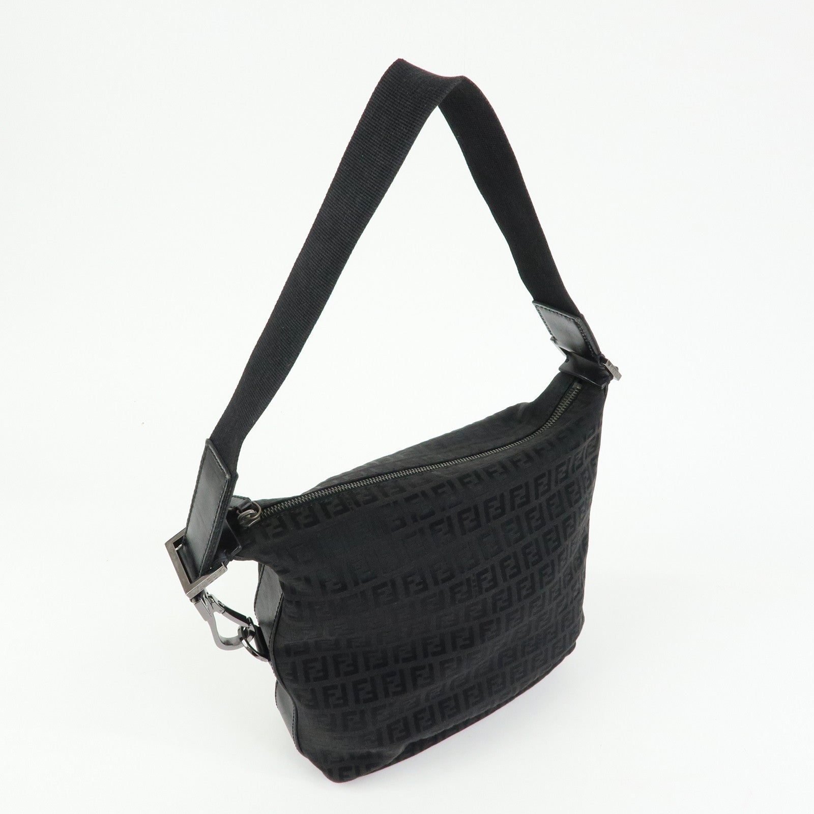 FENDI Zucchino Canvas Leather Shoulder Bag Black 7VA004