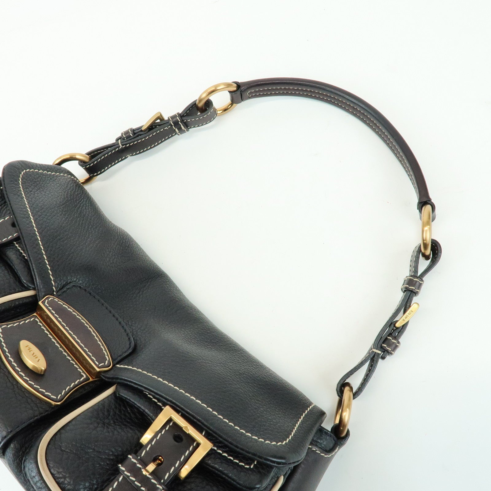 PRADA Logo Leather Stitch Shoulder Bag Hand Bag Black